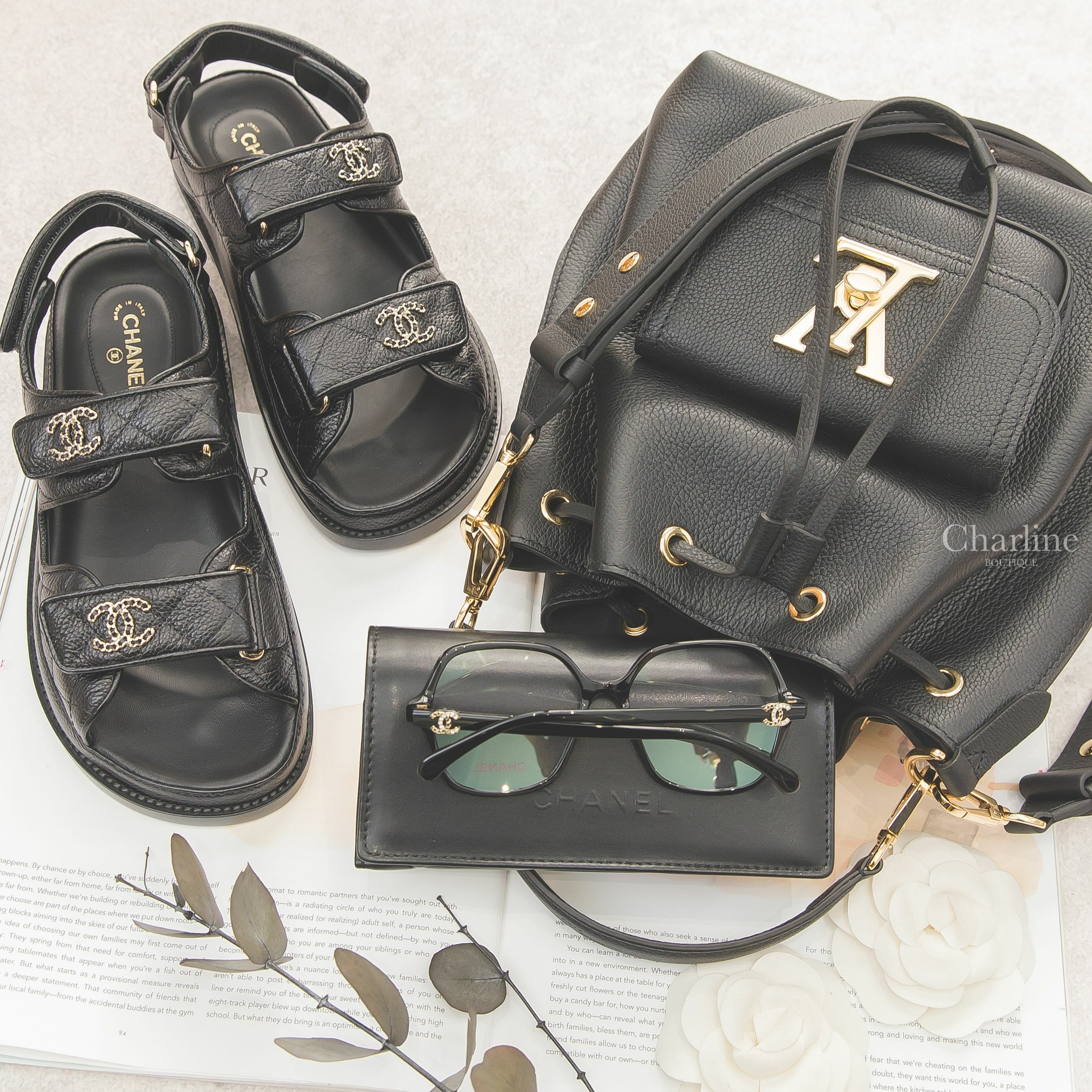 Louis Vuitton 黑色金釦翻蓋夾層粒面牛皮手提水桶肩背包,Chanel 黑色金CC皮穿鍊魔鬼氈荔枝菱格紋涼鞋,Chanel 黑色蝴蝶形側邊黑金水鑽皮穿鍊CC平光眼鏡-Charline Boutique 精品代購