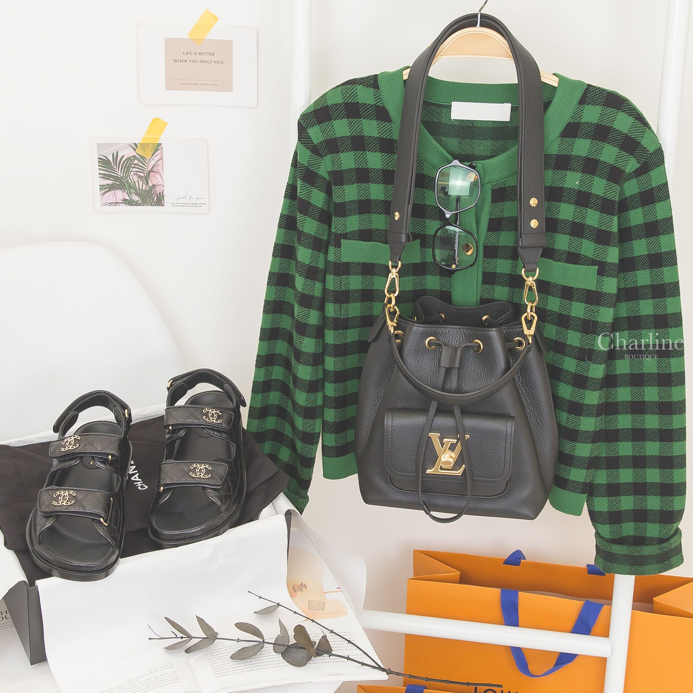 Louis Vuitton 黑色金釦翻蓋夾層粒面牛皮手提水桶肩背包,Chanel 黑色金CC皮穿鍊魔鬼氈荔枝菱格紋涼鞋,Chanel 黑色蝴蝶形側邊黑金水鑽皮穿鍊CC平光眼鏡-Charline Boutique 精品代購
