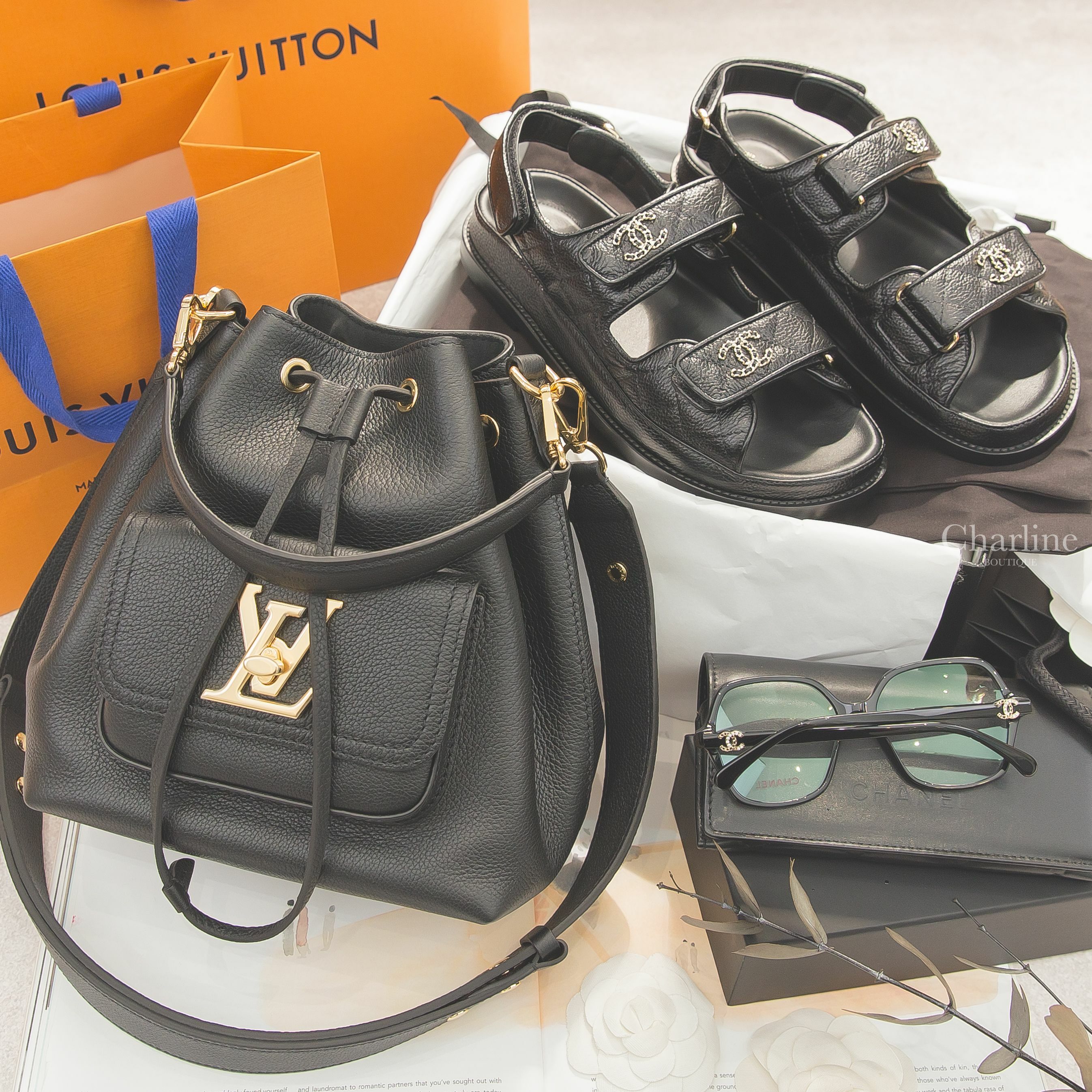 Louis Vuitton 黑色金釦翻蓋夾層粒面牛皮手提水桶肩背包,Chanel 黑色金CC皮穿鍊魔鬼氈荔枝菱格紋涼鞋,Chanel 黑色蝴蝶形側邊黑金水鑽皮穿鍊CC平光眼鏡-Charline Boutique 精品代購
