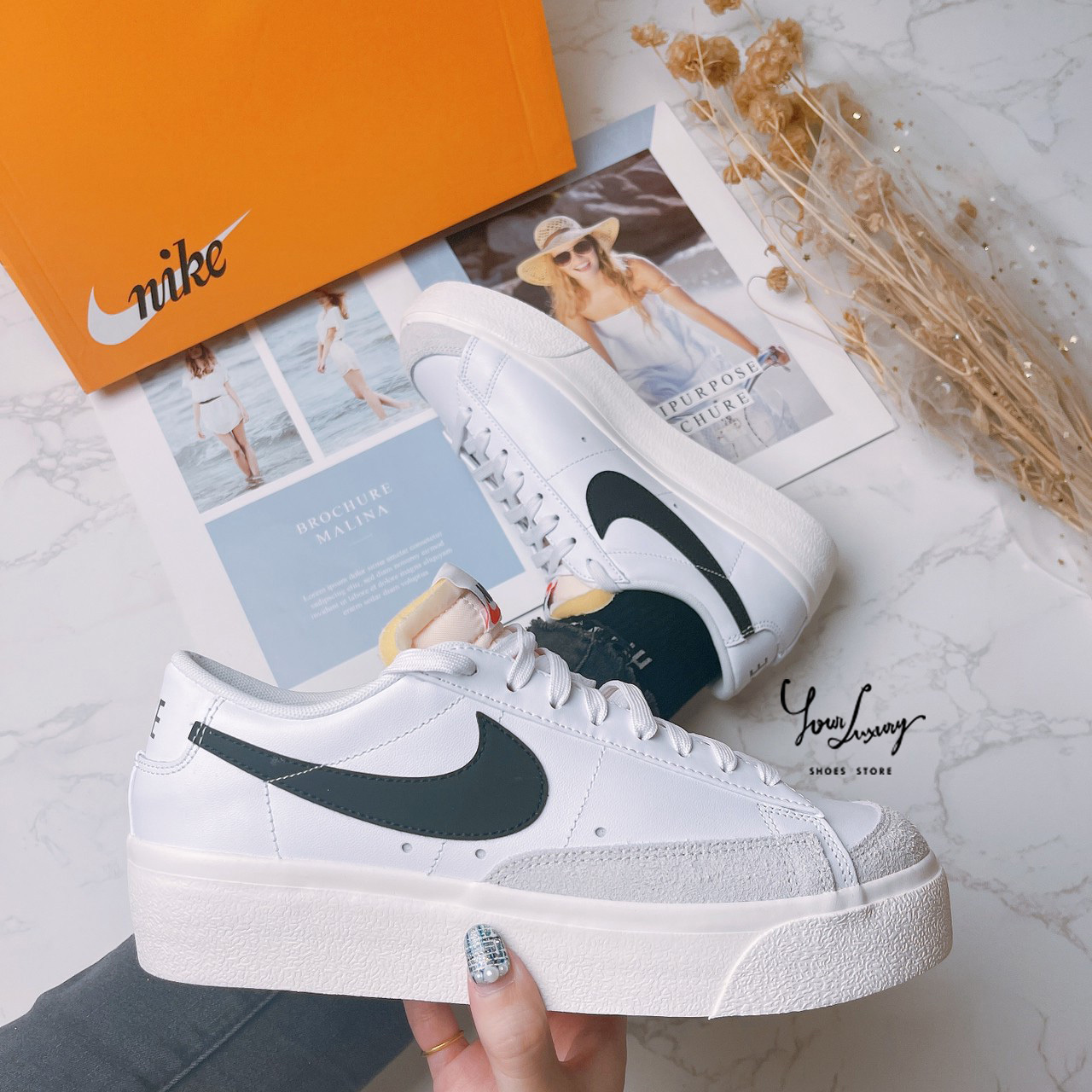 Luxury】NIKE BLAZER LOW PLATFORM 厚底小白鞋黑勾粉勾板鞋女款增高鞋