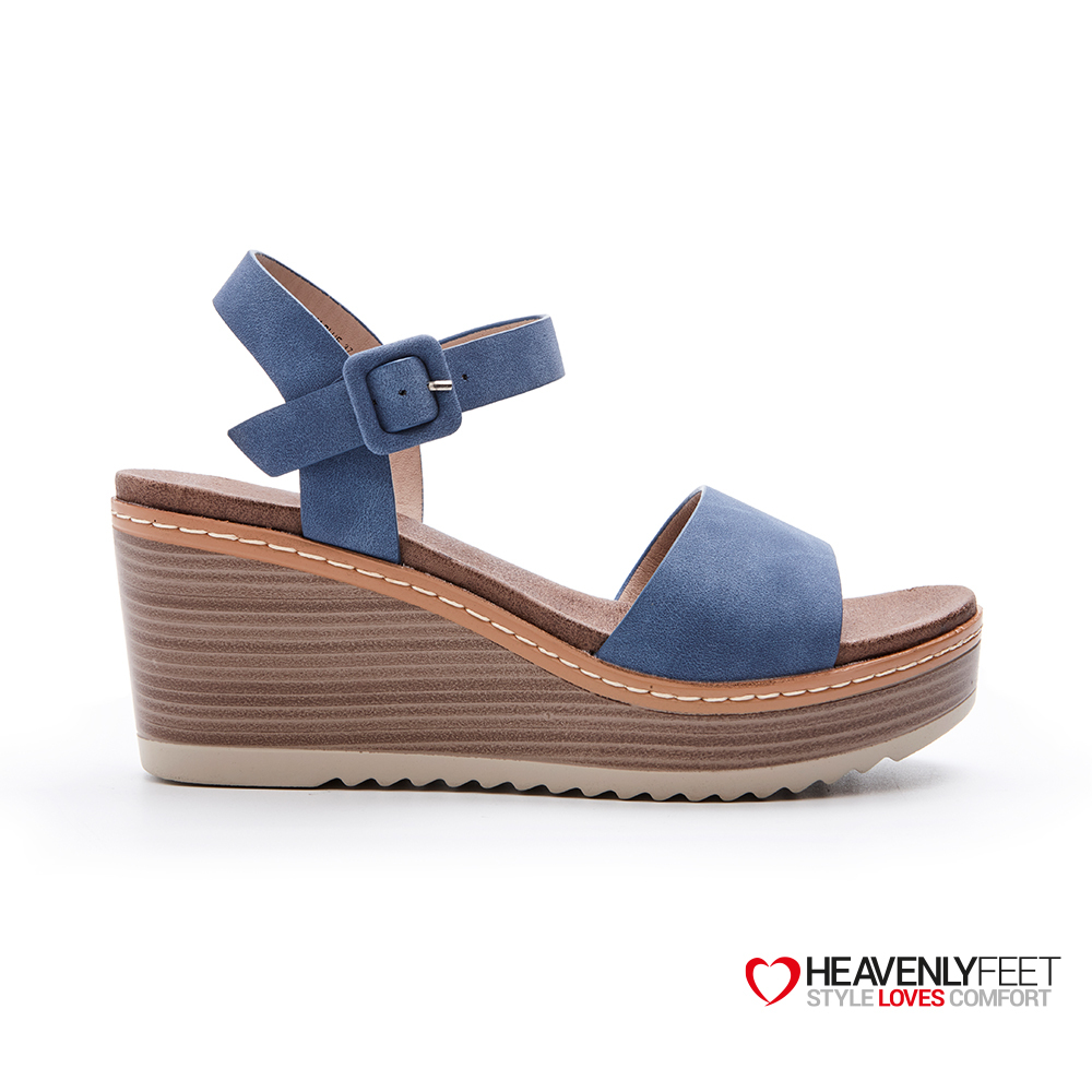 【 Heavenly Feet 】英國舒適品牌｜復古皮感一字楔型凉鞋 ORION 丹寧色
