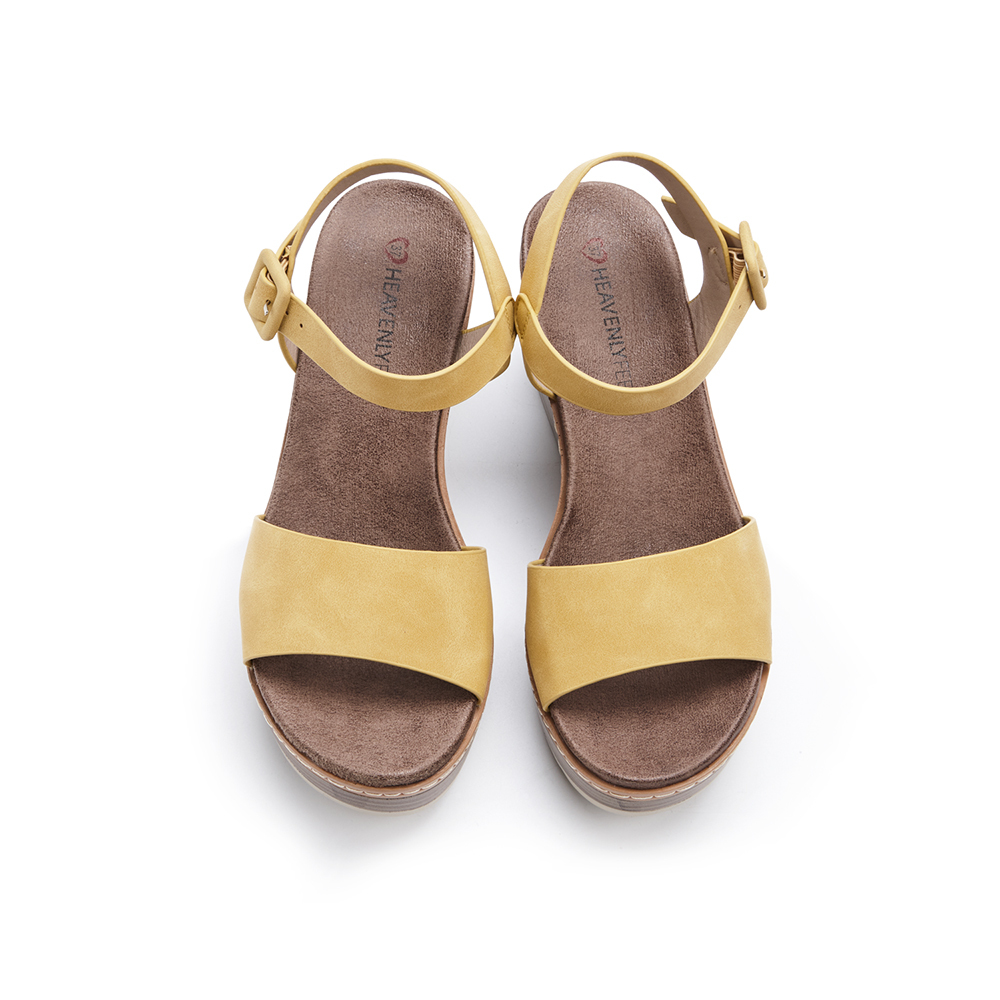 【 Heavenly Feet 】英國舒適品牌｜復古皮感一字楔型凉鞋 ORION 黃色