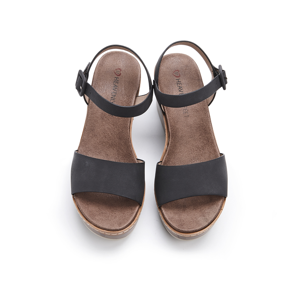 【 Heavenly Feet 】英國舒適品牌｜復古皮感一字楔型凉鞋 ORION 黑色