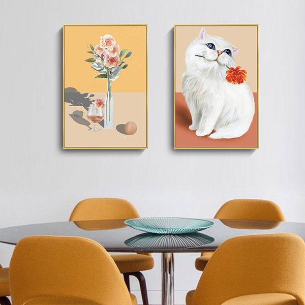 花朵與貓咪無框掛畫