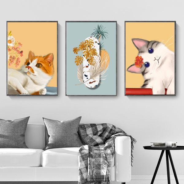 花朵與貓咪無框掛畫