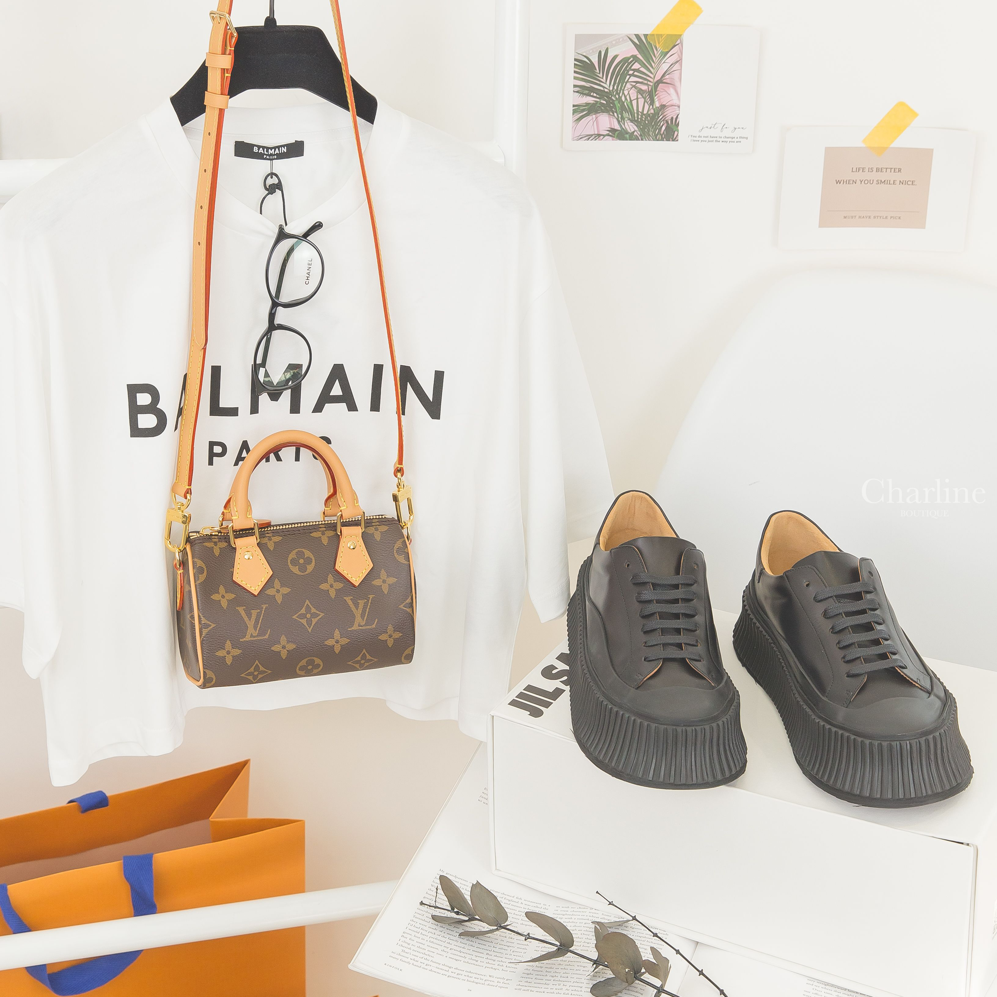 Louis Vuitton Speedy Nano Bag 咖啡色老花帆布手提調節式背帶肩背包,Chanel Pantos Eyeglasses 黑色圓框側邊白色方塊黑CC平光眼鏡-Charline Boutique 精品代購
