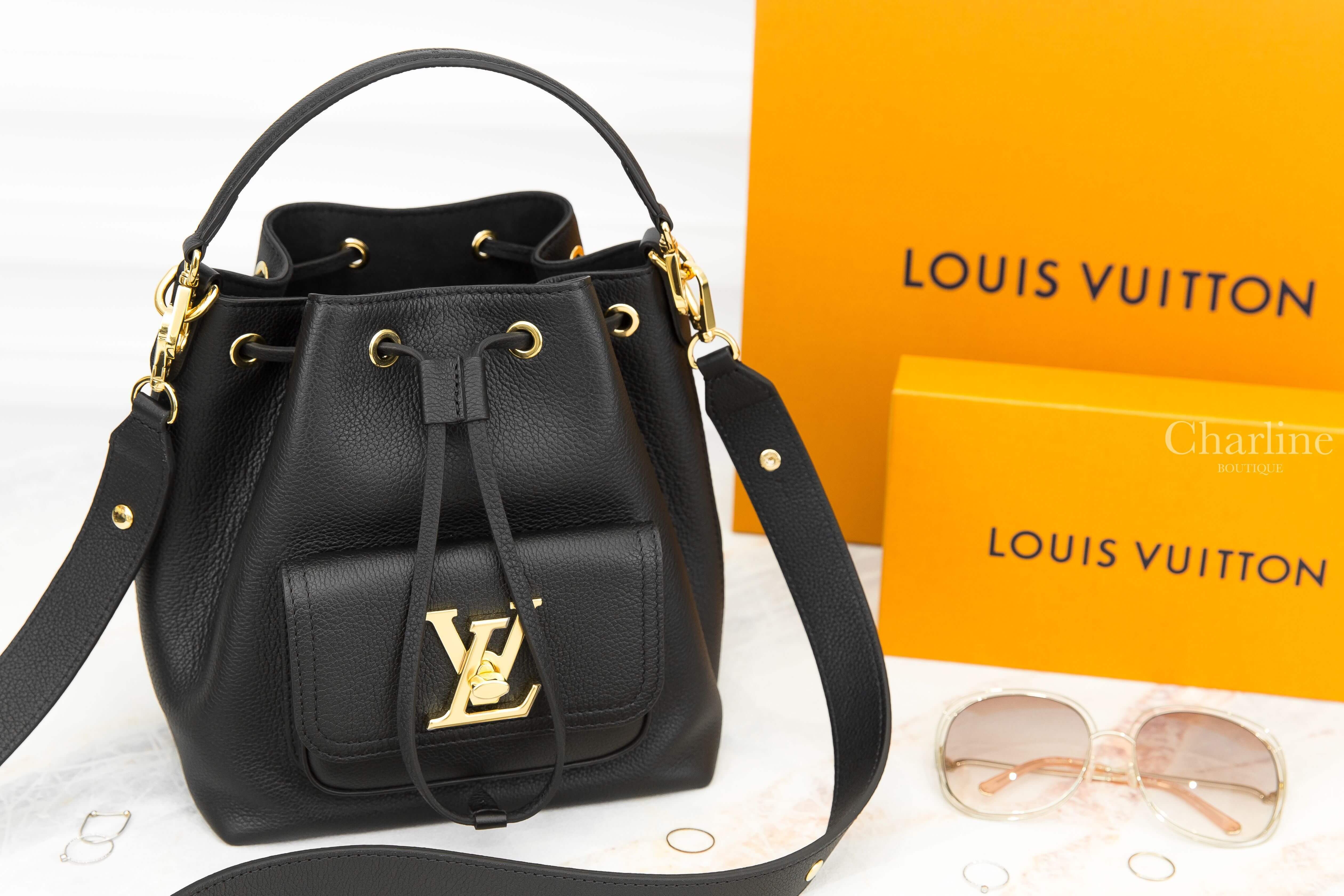 Louis Vuitton Lockme Bucket Bag 黑色金釦翻蓋夾層粒面牛皮手提水桶肩背包-Charline Boutique 精品代購