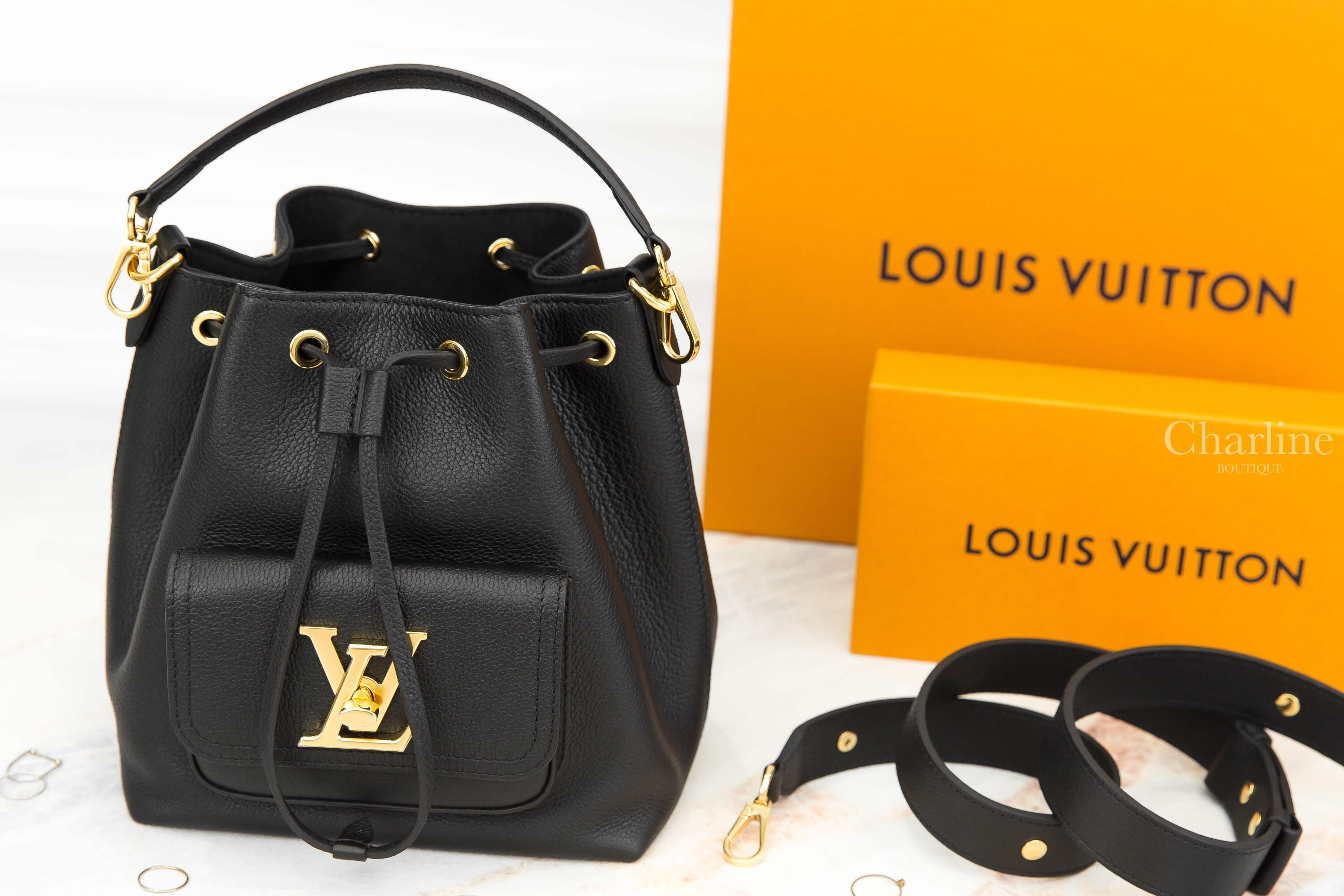 Louis Vuitton Lockme Bucket Bag 黑色金釦翻蓋夾層粒面牛皮手提水桶肩背包-Charline Boutique 精品代購