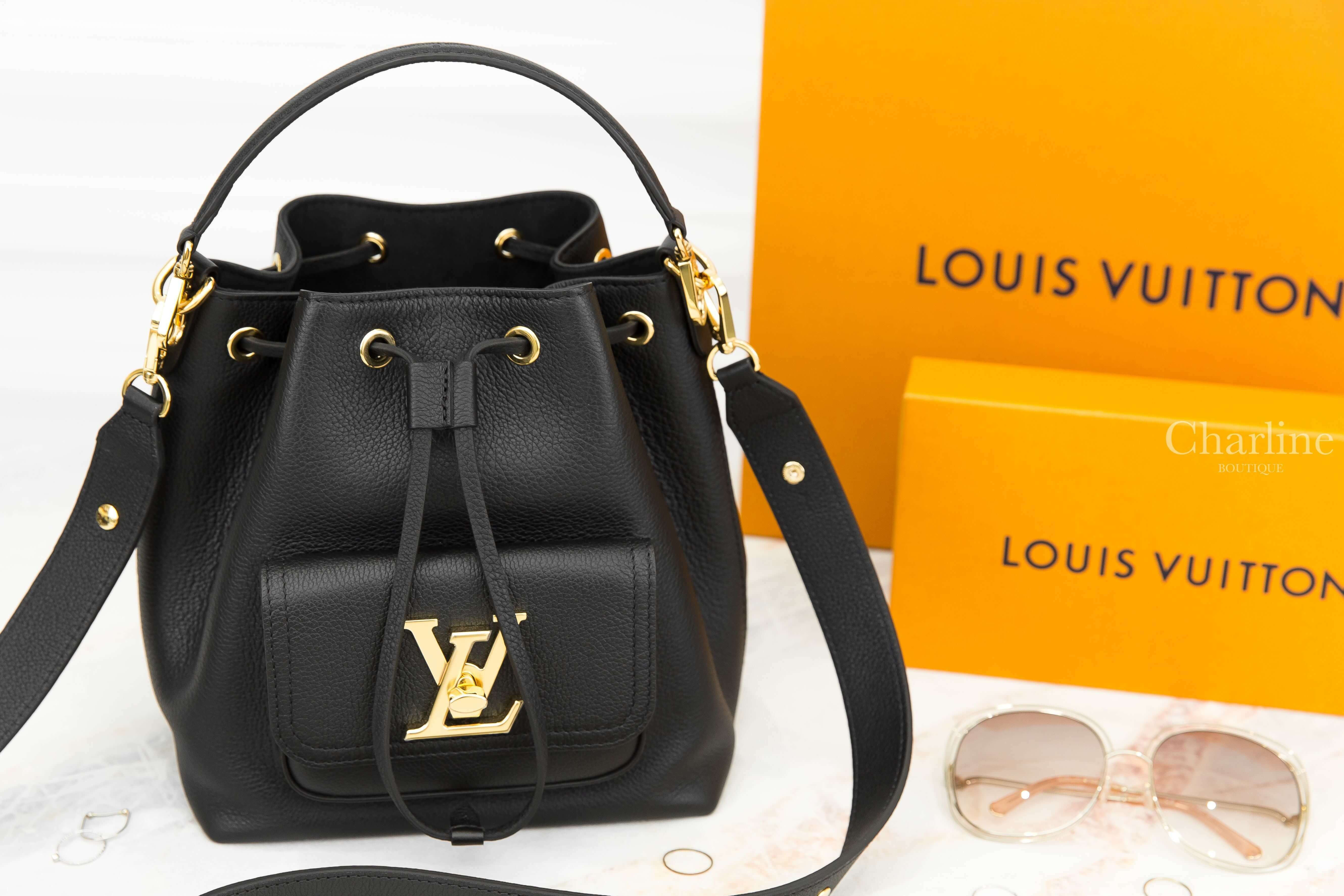 Louis Vuitton Lockme Bucket Bag 黑色金釦翻蓋夾層粒面牛皮手提水桶肩背包-Charline Boutique 精品代購