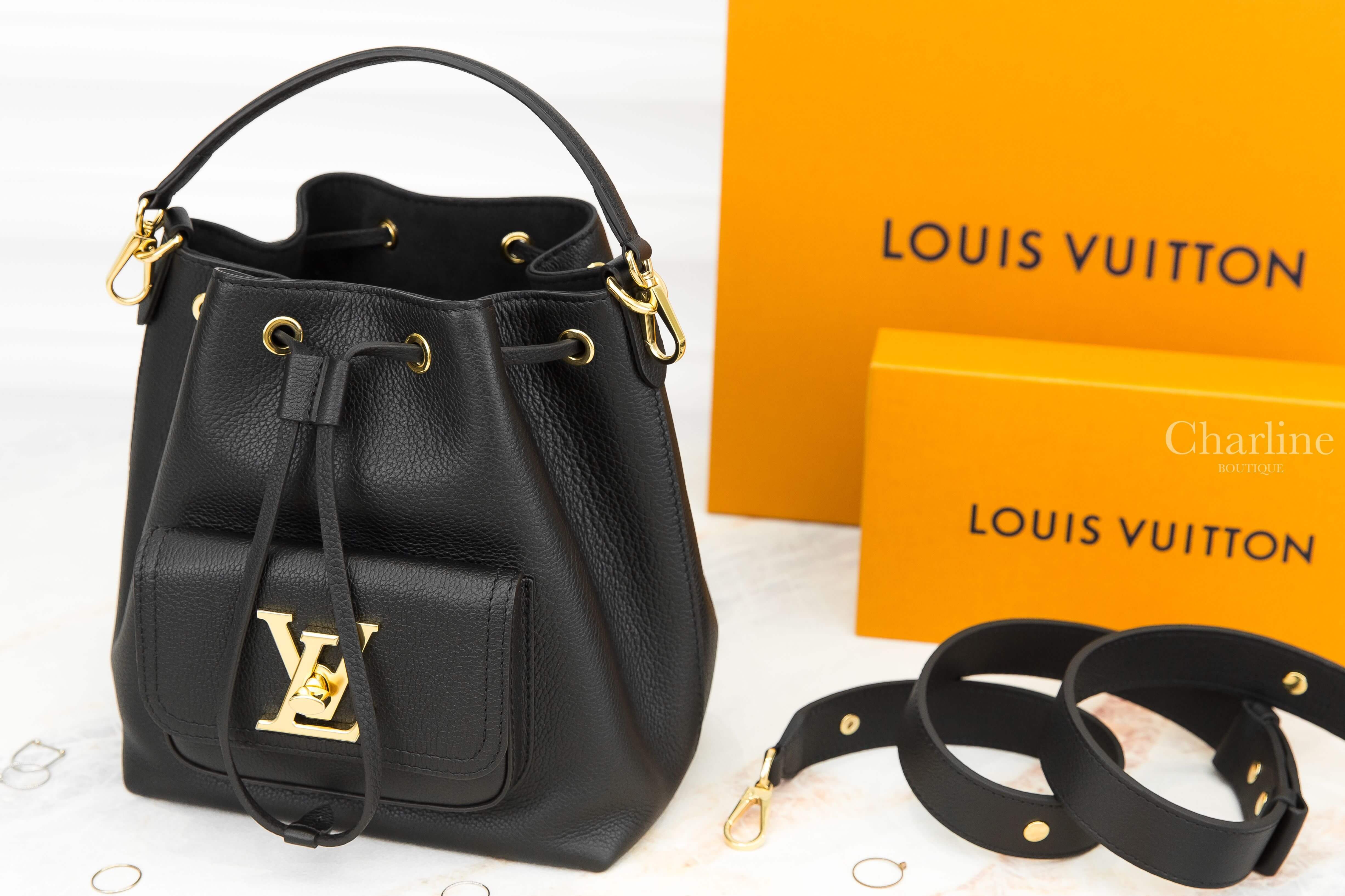 Louis Vuitton Lockme Bucket Bag 黑色金釦翻蓋夾層粒面牛皮手提水桶肩背包-Charline Boutique 精品代購