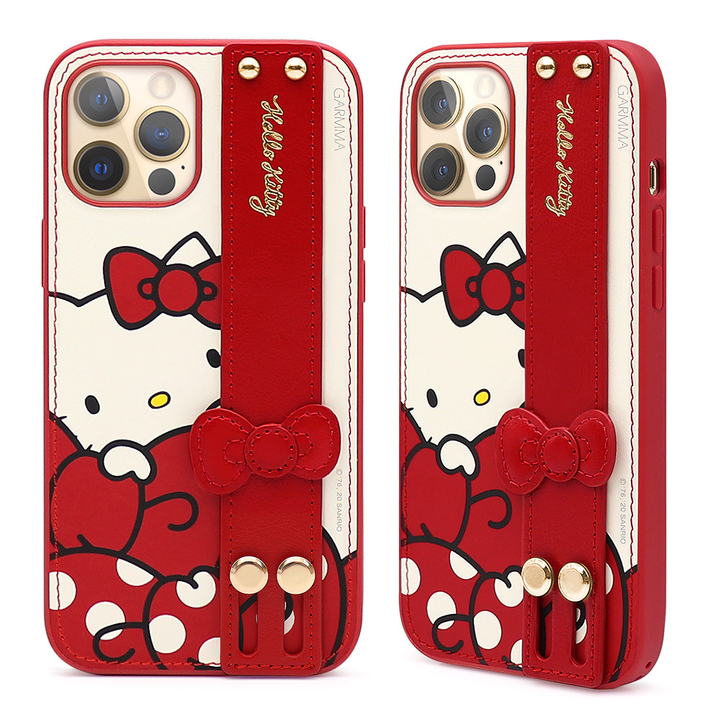 GARMMA Hello Kitty  iPhone 12系列 手掌帶燙金皮革保護套 蝴蝶朵朵