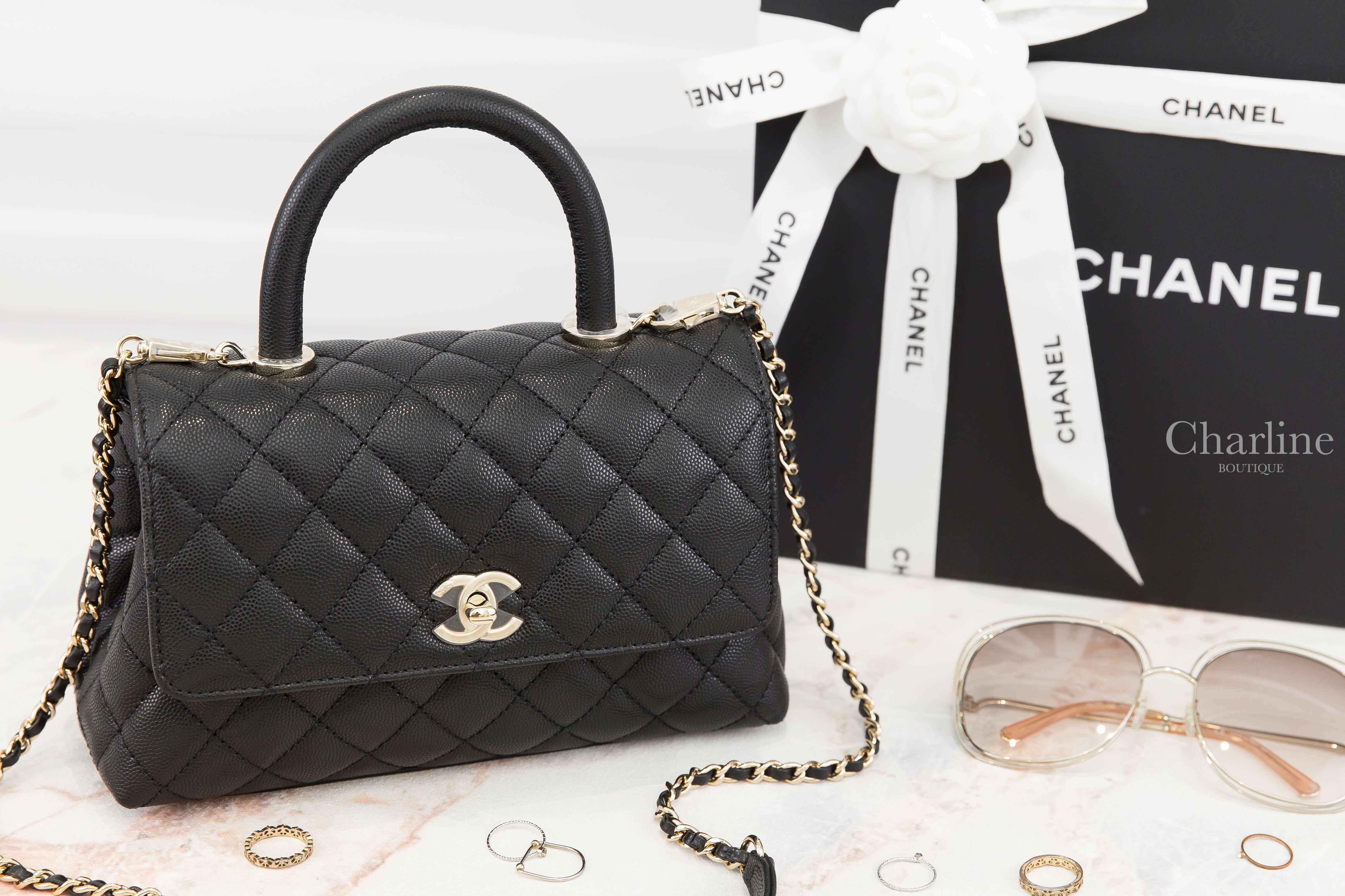 Chanel Flap Bag With Top Handle 黑色金CC金鍊24cm荔枝菱格紋手提肩背包-Charline Boutique 精品代購