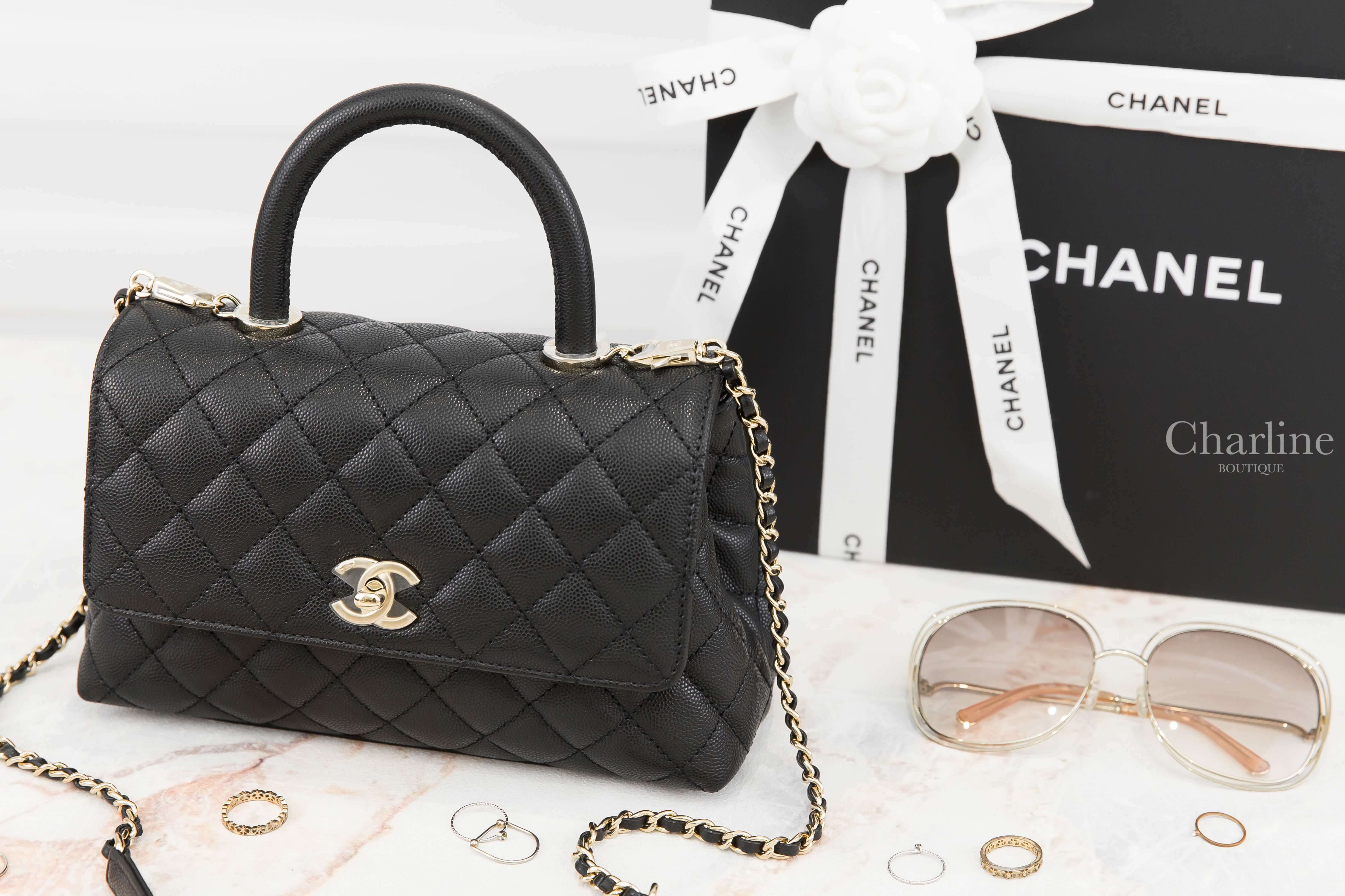 Chanel Flap Bag With Top Handle 黑色金CC金鍊24cm荔枝菱格紋手提肩背包-Charline Boutique 精品代購