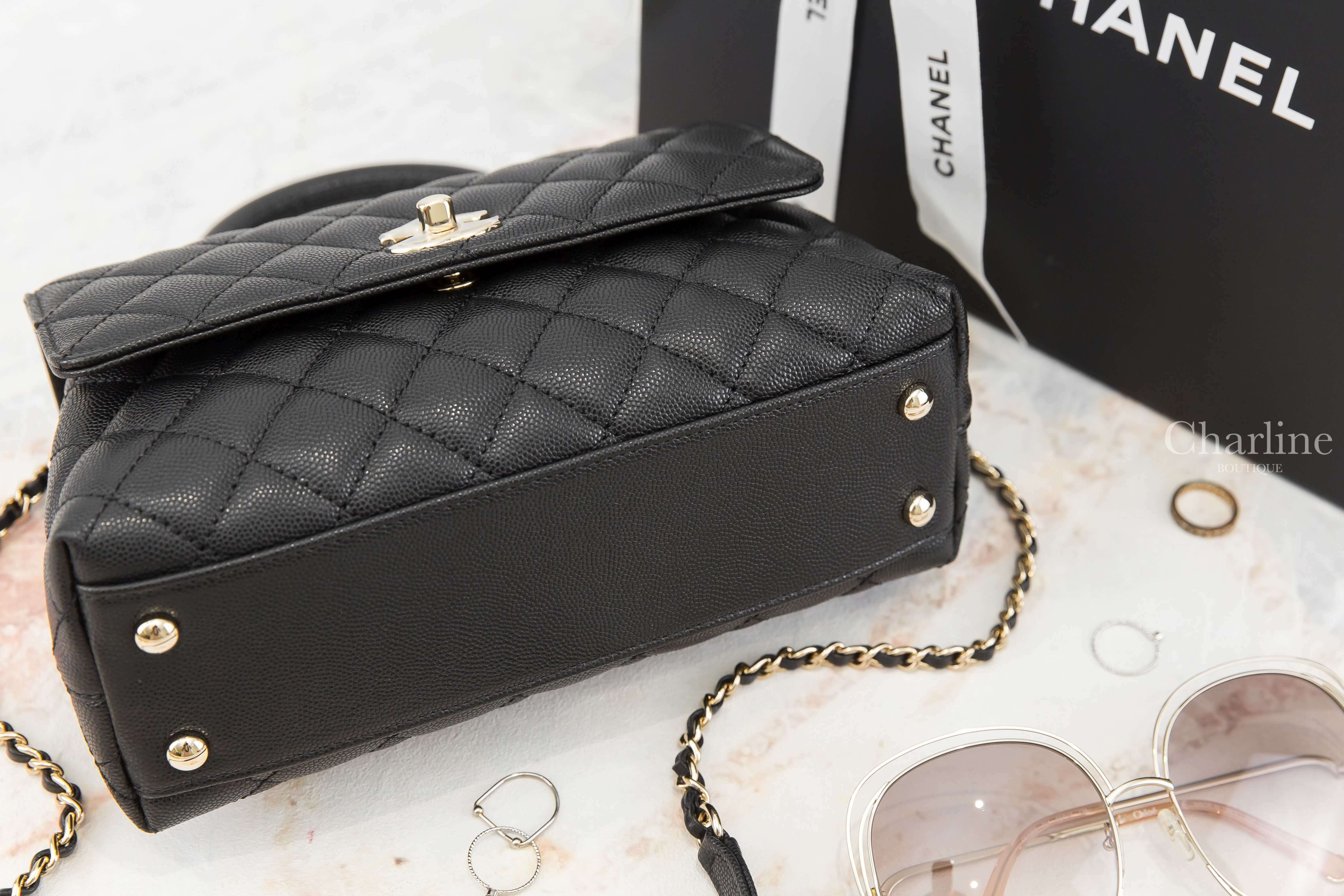 Chanel Flap Bag With Top Handle 黑色金CC金鍊24cm荔枝菱格紋手提肩背包-Charline Boutique 精品代購