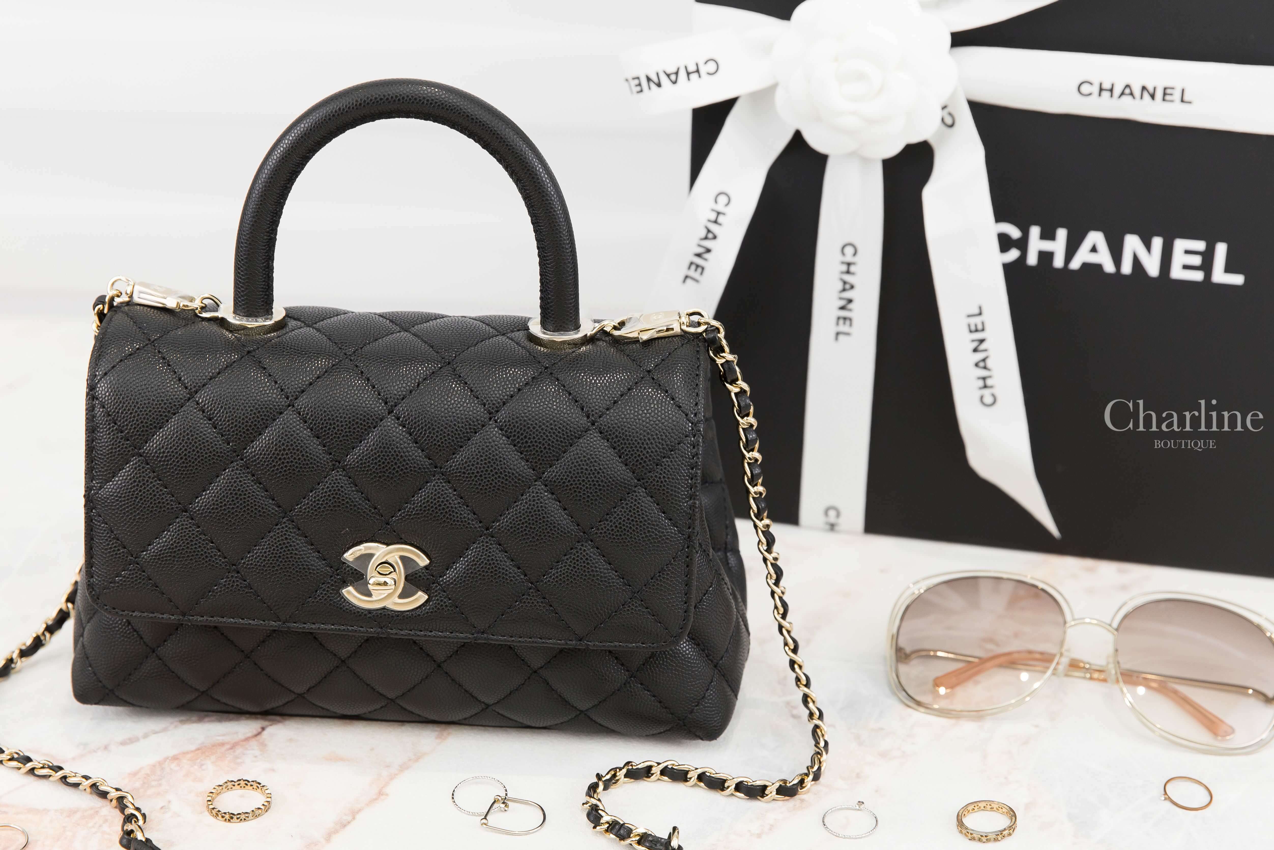 Chanel Flap Bag With Top Handle 黑色金CC金鍊24cm荔枝菱格紋手提肩背包-Charline Boutique 精品代購