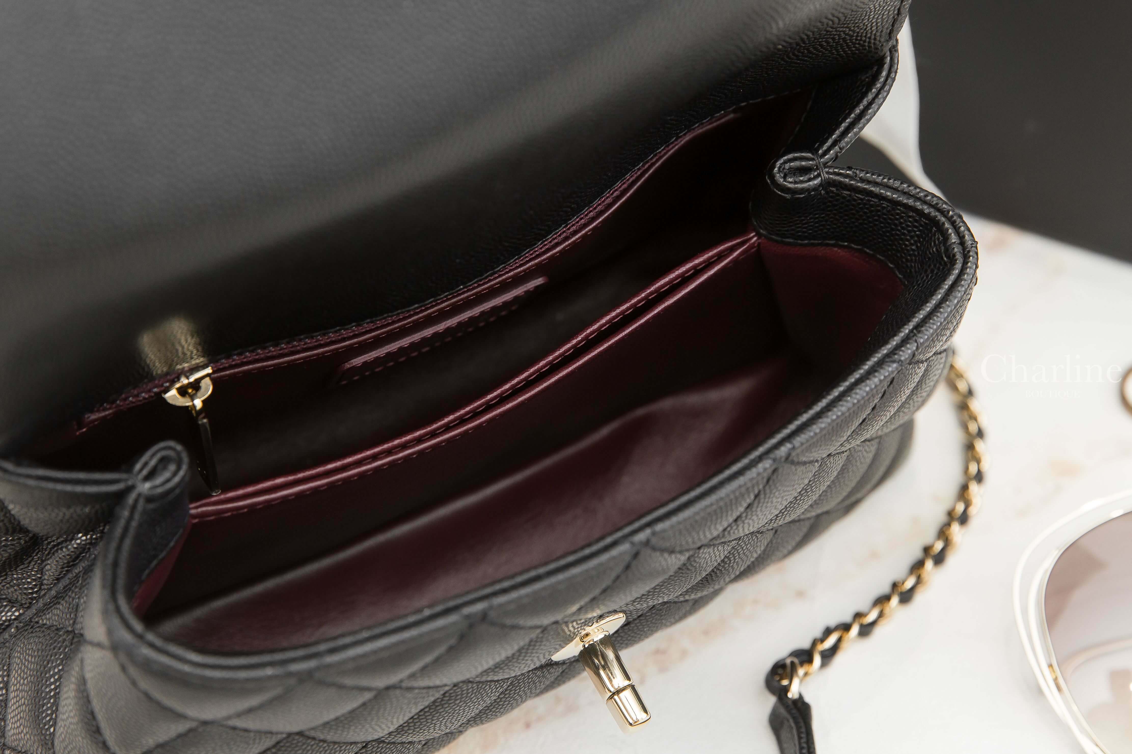 Chanel Flap Bag With Top Handle 黑色金CC金鍊24cm荔枝菱格紋手提肩背包-Charline Boutique 精品代購