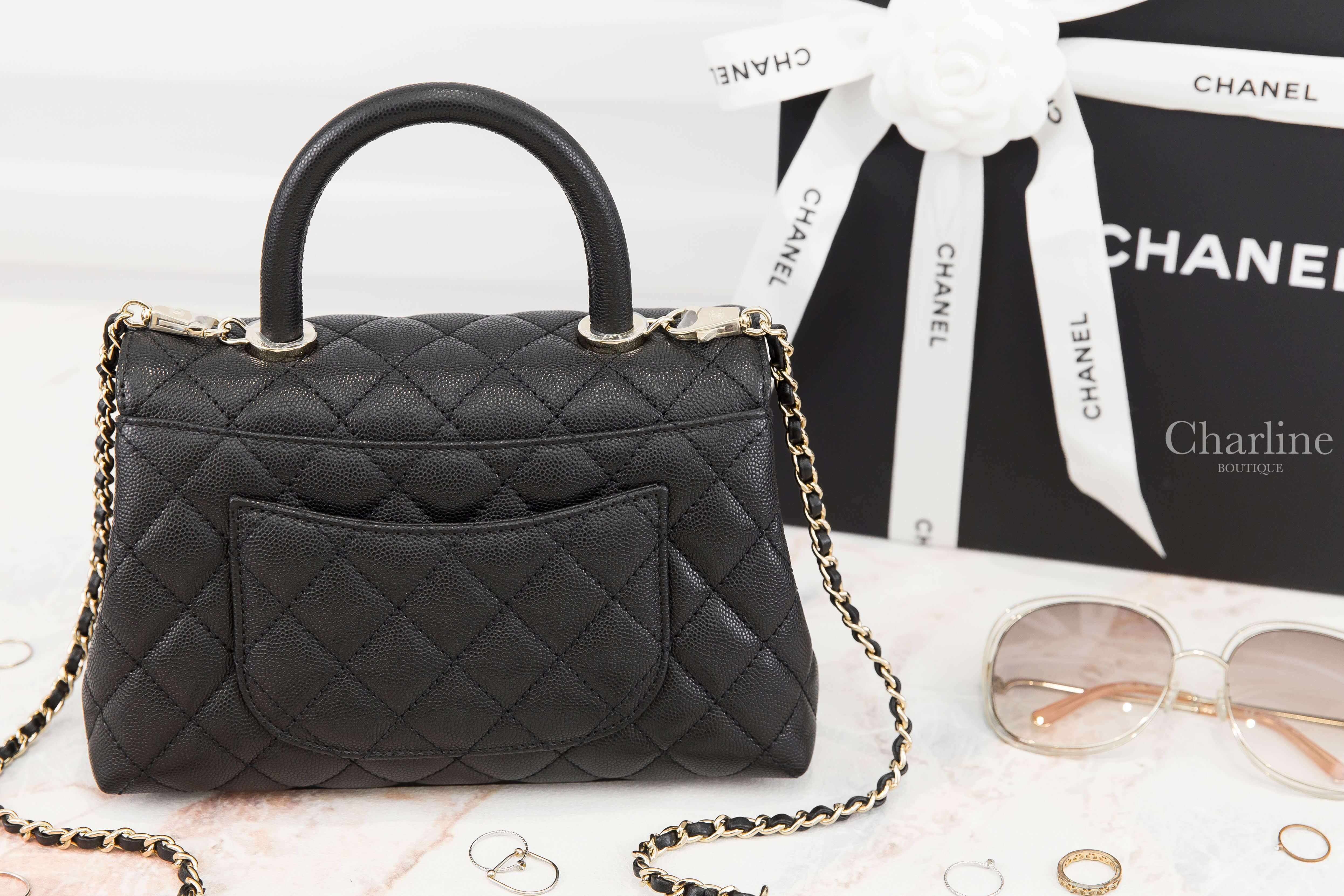 Chanel Flap Bag With Top Handle 黑色金CC金鍊24cm荔枝菱格紋手提肩背包-Charline Boutique 精品代購