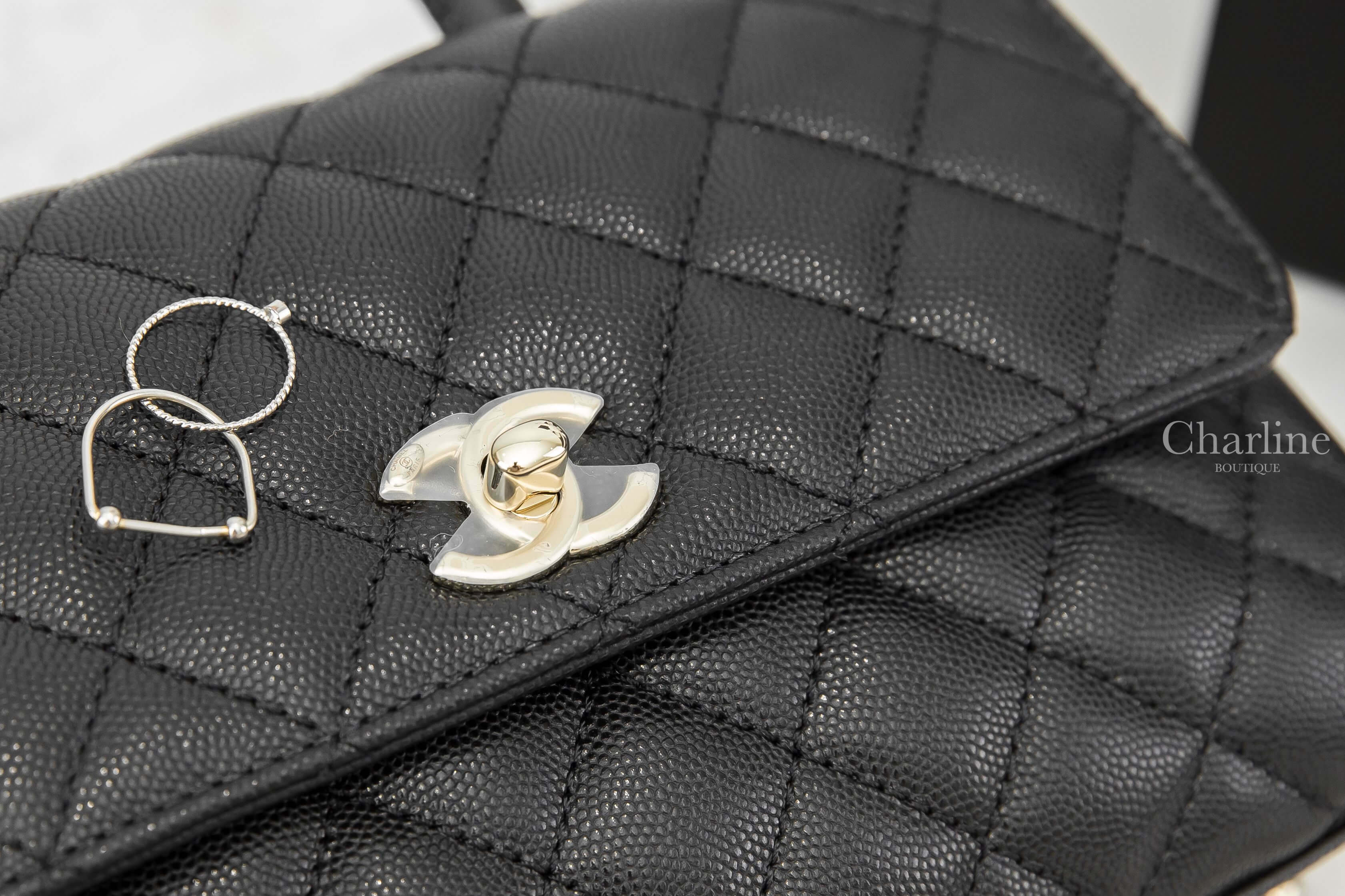 Chanel Flap Bag With Top Handle 黑色金CC金鍊24cm荔枝菱格紋手提肩背包