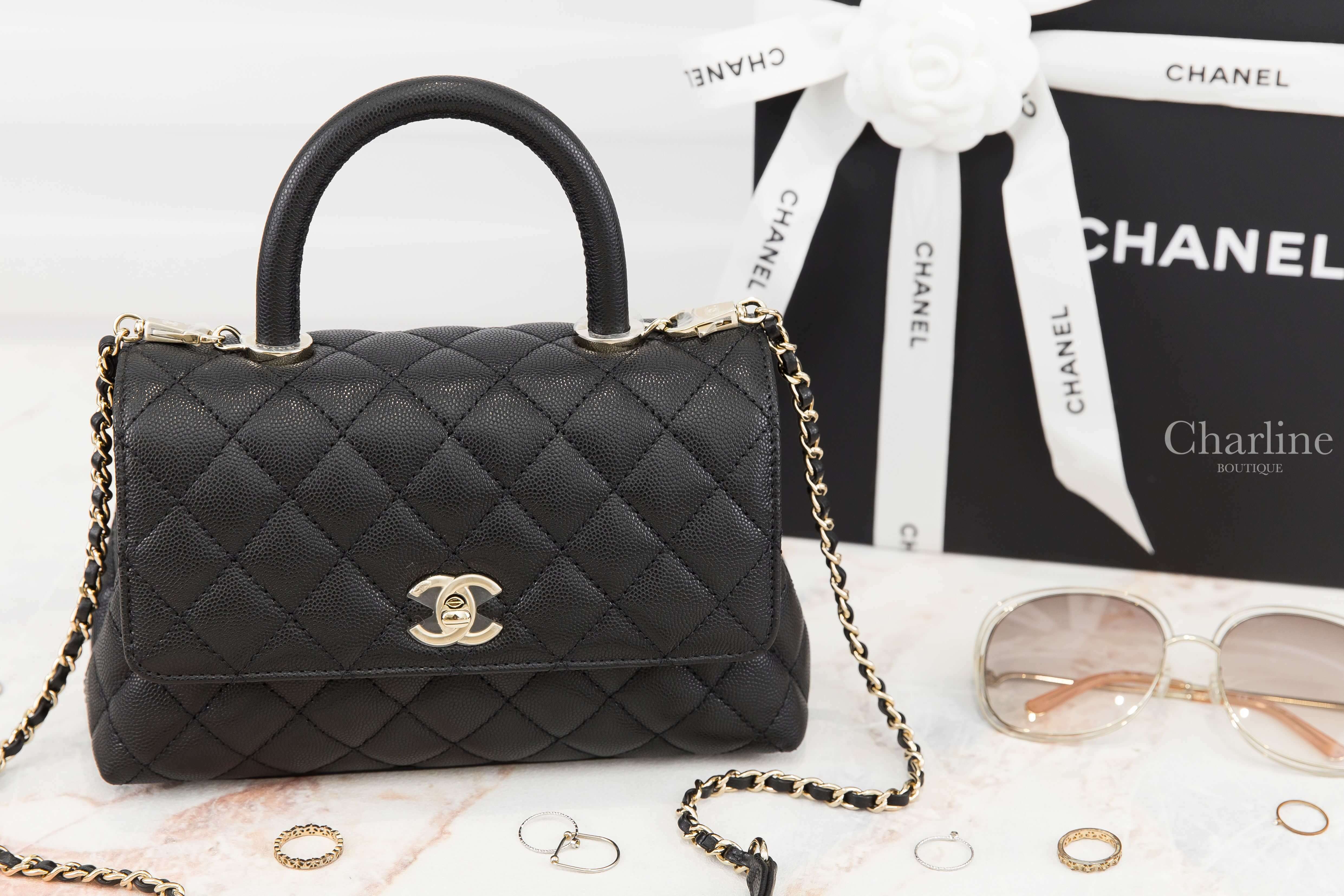 Chanel Flap Bag With Top Handle 黑色金CC金鍊24cm荔枝菱格紋手提肩背包