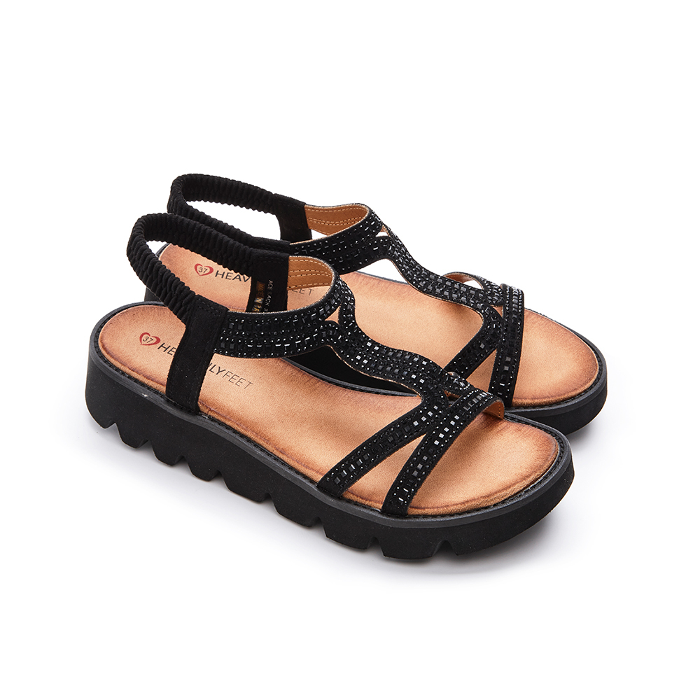 【 Heavenly Feet 】英國舒適品牌 | 素色工字水鑽休閒涼鞋 ACE 黑色