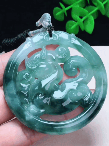 飄花麒麟牌翡翠吊墜 (55.5mm直徑), 天然翡翠A玉, 緬甸玉, Jade, Jadeite