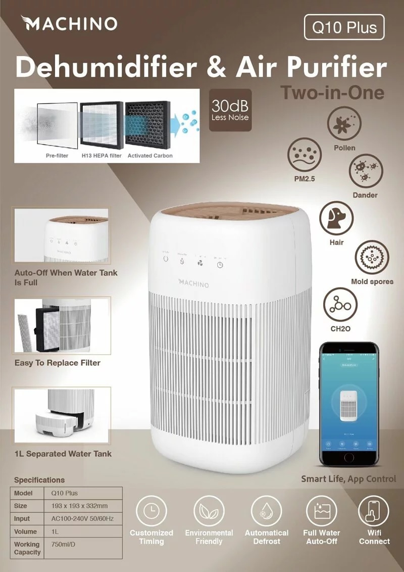 Machino Q10 Plus 迷你2 合 1 智能空氣淨化抽濕機｜一機做曬抽濕淨化功效｜【10/19 截單，預計 :10月尾至11月中發貨】】