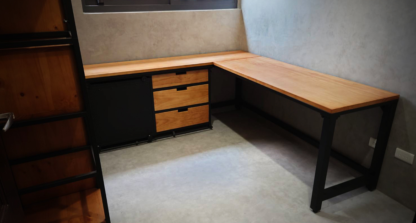 重工業滑門L型實木辦公桌|可訂製