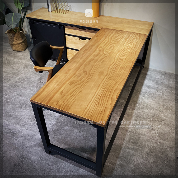 重工業滑門L型實木辦公桌|可訂製