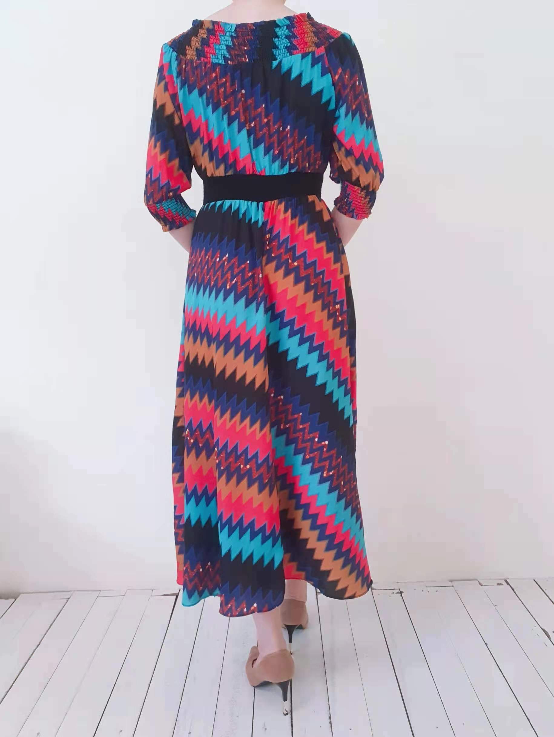 COLOUR BLOCK M/SLEEVE LONG DRESS