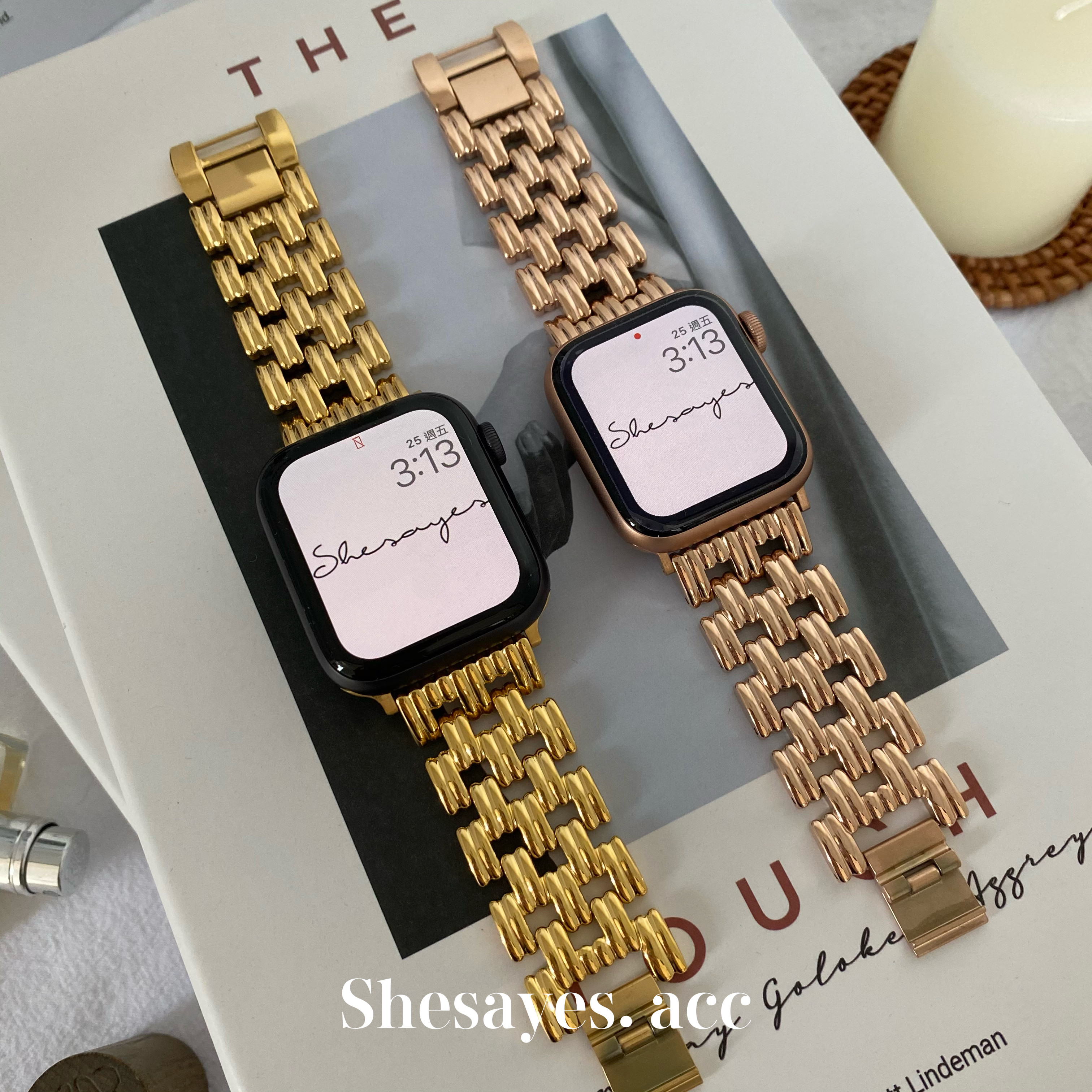 APPLE WATCH不鏽鋼奢華網狀空心錶帶[金色/玫瑰金]