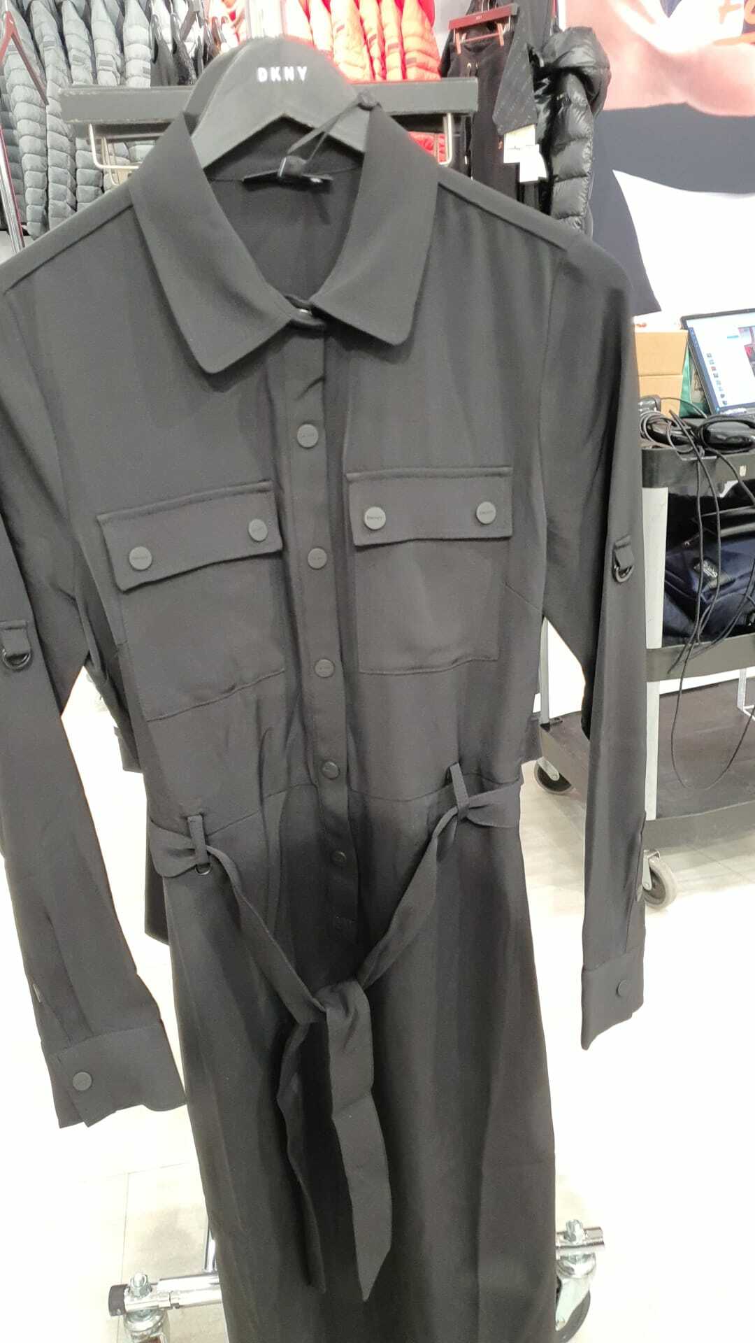 [S] DKNY LONG SLEEVE SHIRT DRESS WITH BELT AND LOGO TABS,BLACK (SD93)