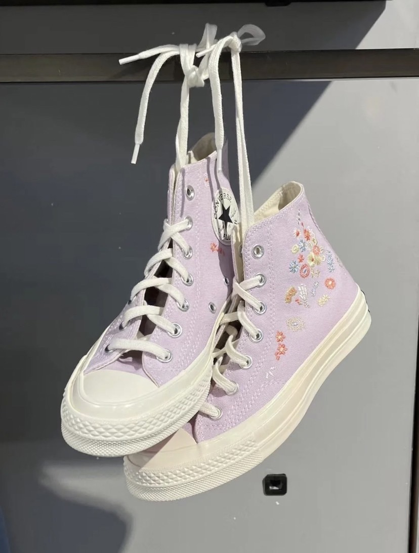 Converse Chuck Taylor 刺繡春日小花花 高筒粉紫