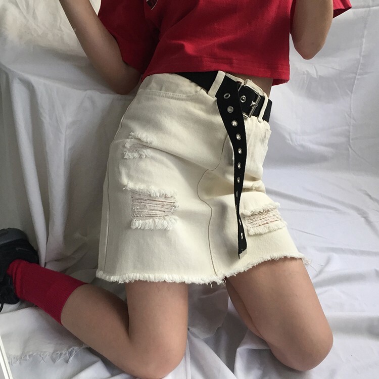 低腰破壞鬚邊牛仔短裙(-50%)