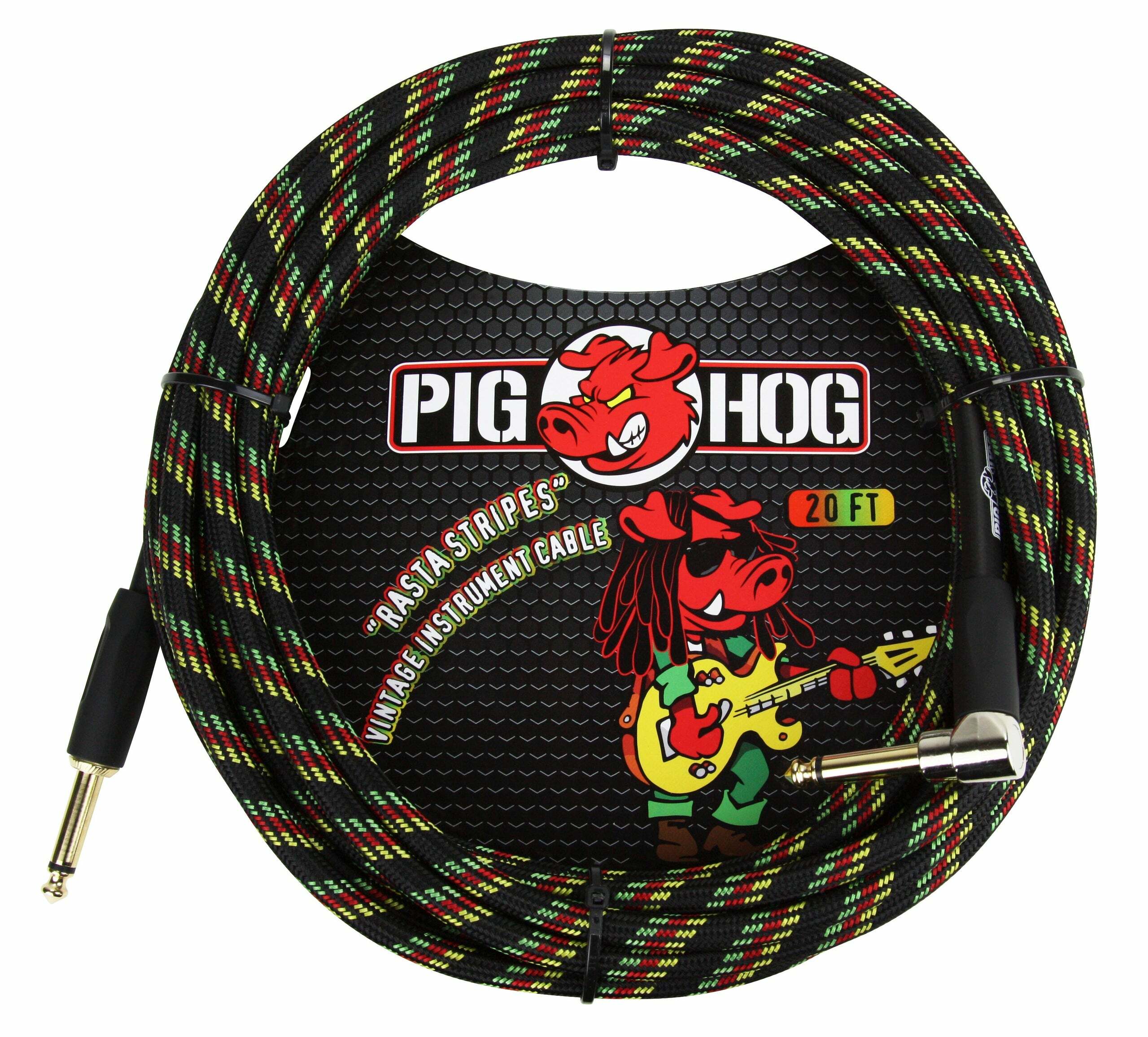 PIG HOG 編織導線 直L頭 OFC無氧銅  黃紅綠黑條紋 Rasta Stripes｜ PCH10RAR(10呎) / PCH20RAR(20呎)