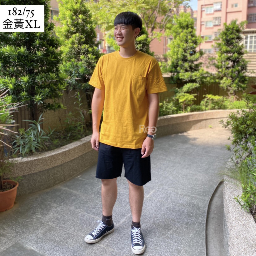 台灣製純棉素面口袋短T金黃XL實穿照