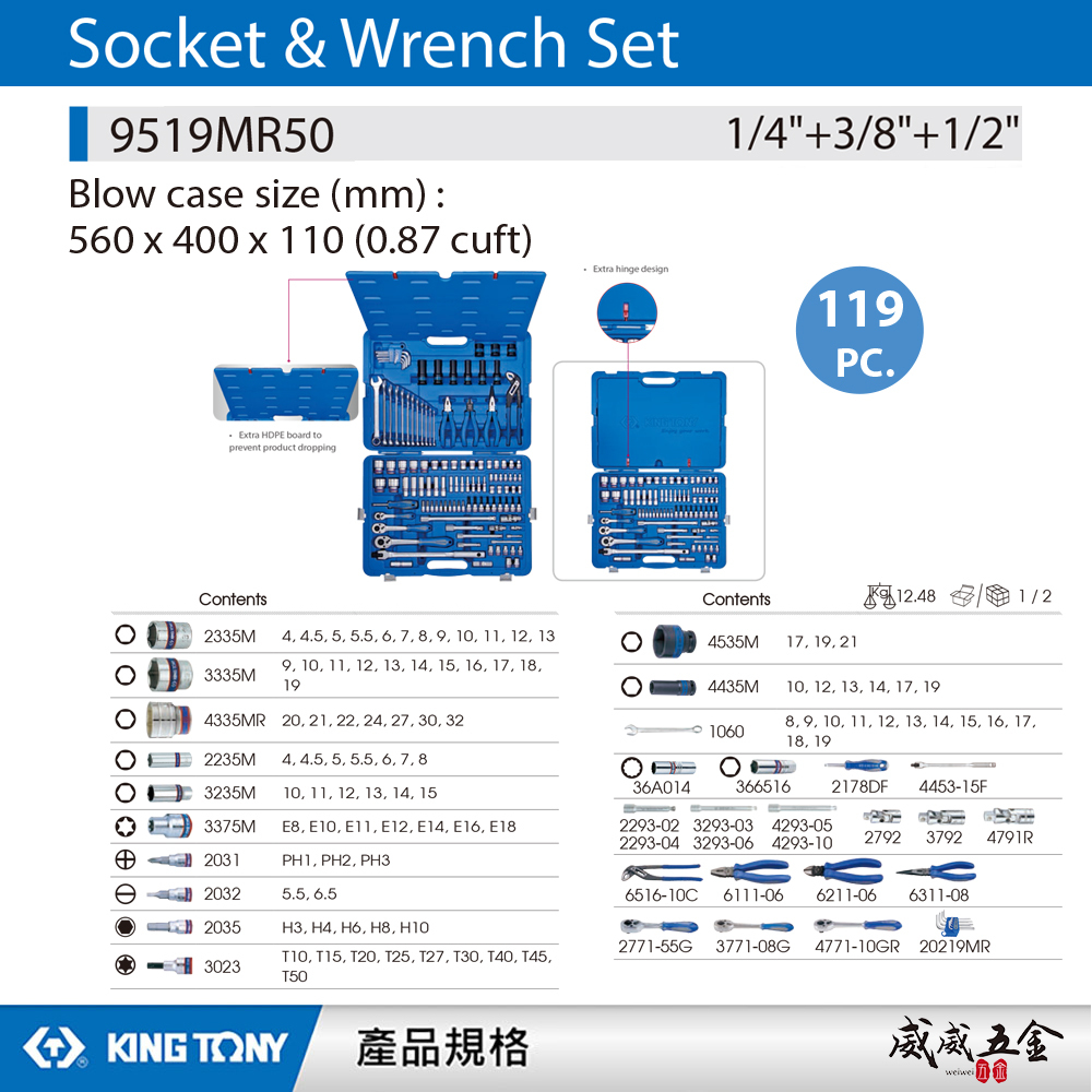 KING TONY 金統立｜119件式套筒組 1/4"+3/8"+1/2"綜合組套 板手組｜9519MR50