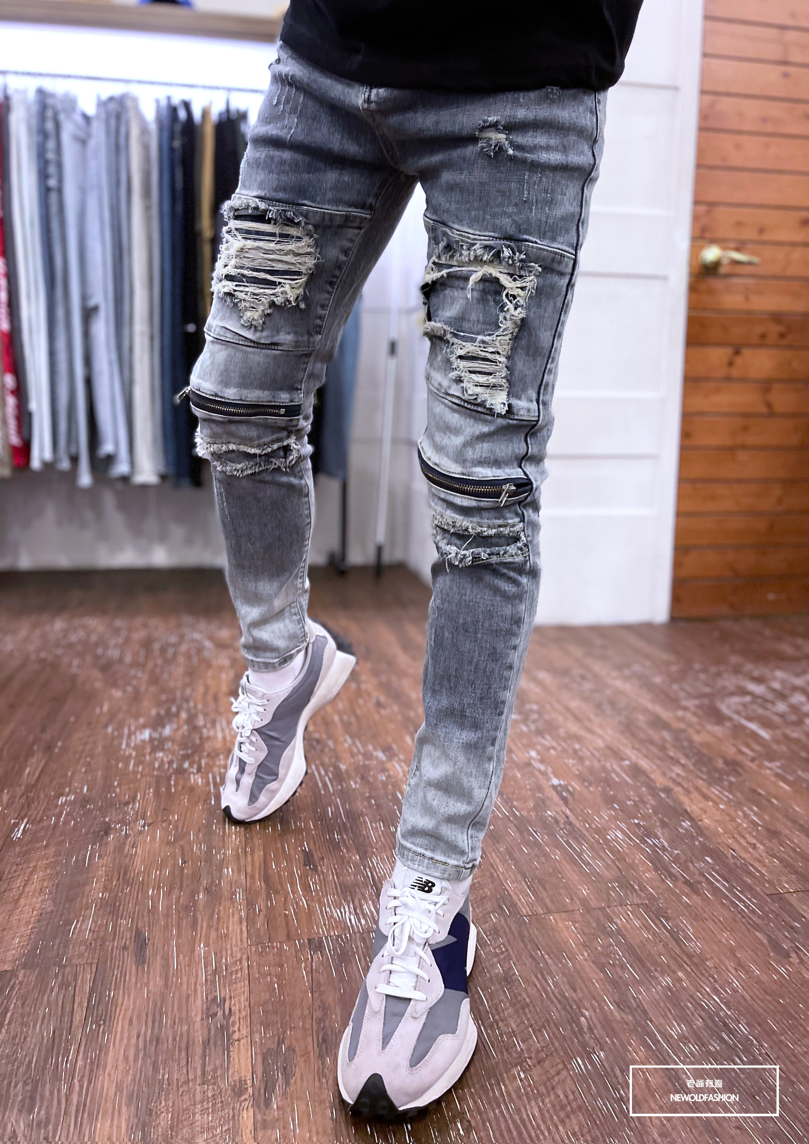 『新品上市』重磅不對稱補丁膝拉鍊小直筒(NOF22033522)