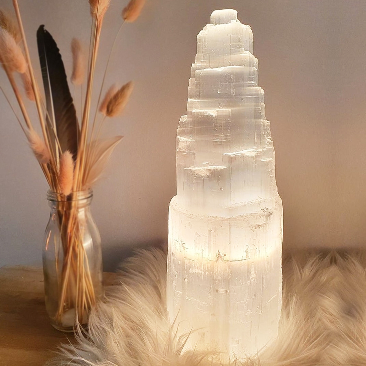 【水晶手串充電器】月亮般淨化石+送(3色光木燈座)變成小夜燈｜修補空間、物件磁場專用透石膏晶柱