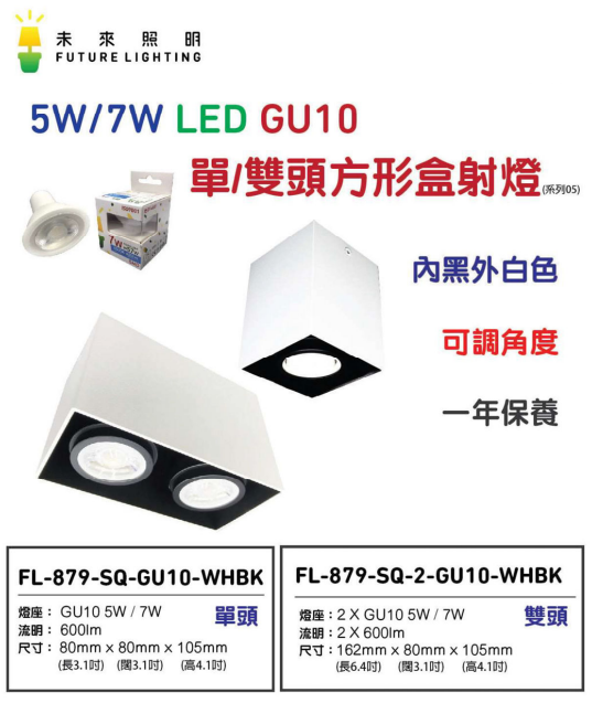 未來照明 Future Lighting 盒仔燈 方形單頭/孖頭 (外白內黑)