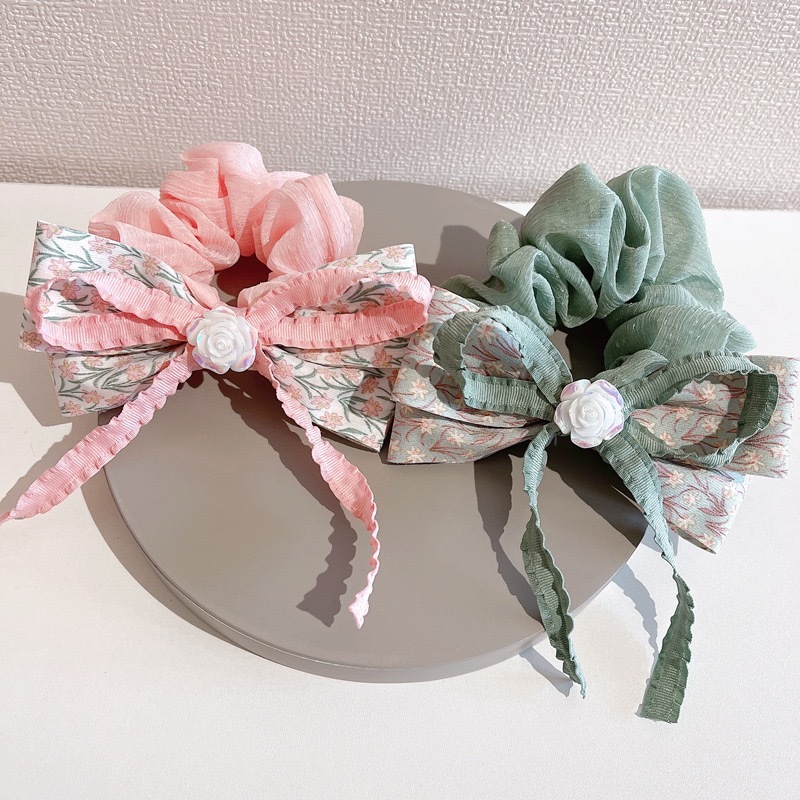 韓系 碎花拚玫瑰蝴蝶結髮圈