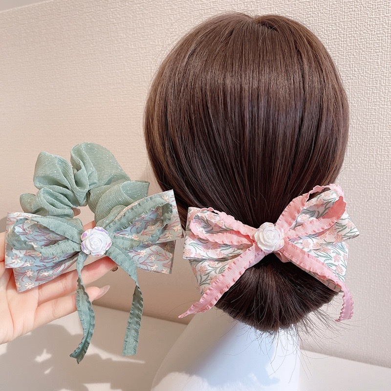 韓系 碎花拚玫瑰蝴蝶結髮圈