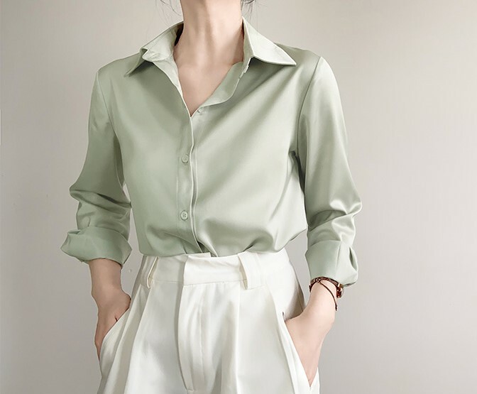 Merrill Satin Long Sleeve Collared Shirt - Light Green