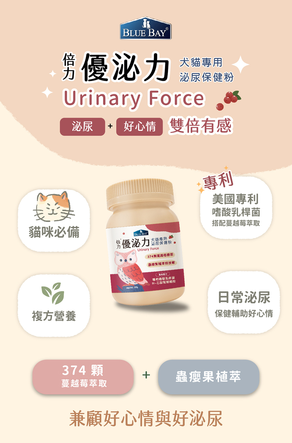 Blue Bay 倍力® 優泌力泌尿保健粉 60g (貓狗適用)