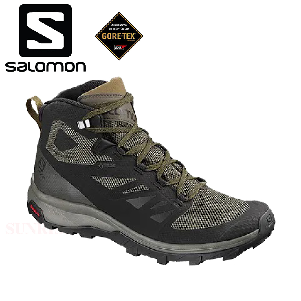 SALOMON 法國 OUTline MID GORE-TEX 防水中筒登山鞋 黑/白鯨灰/橄欖綠 33SL404763