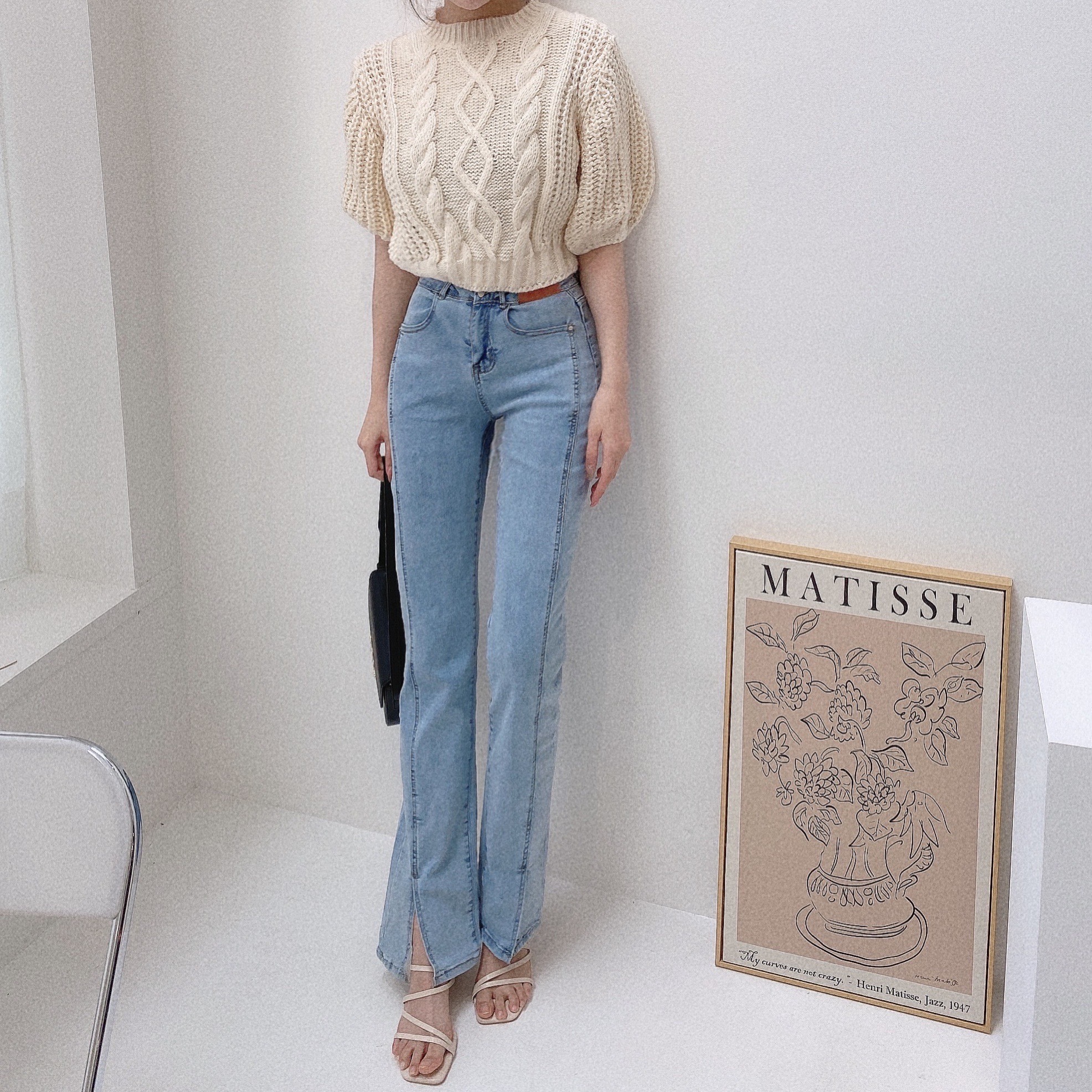 雙釦皮標前開衩喇叭褲/三色