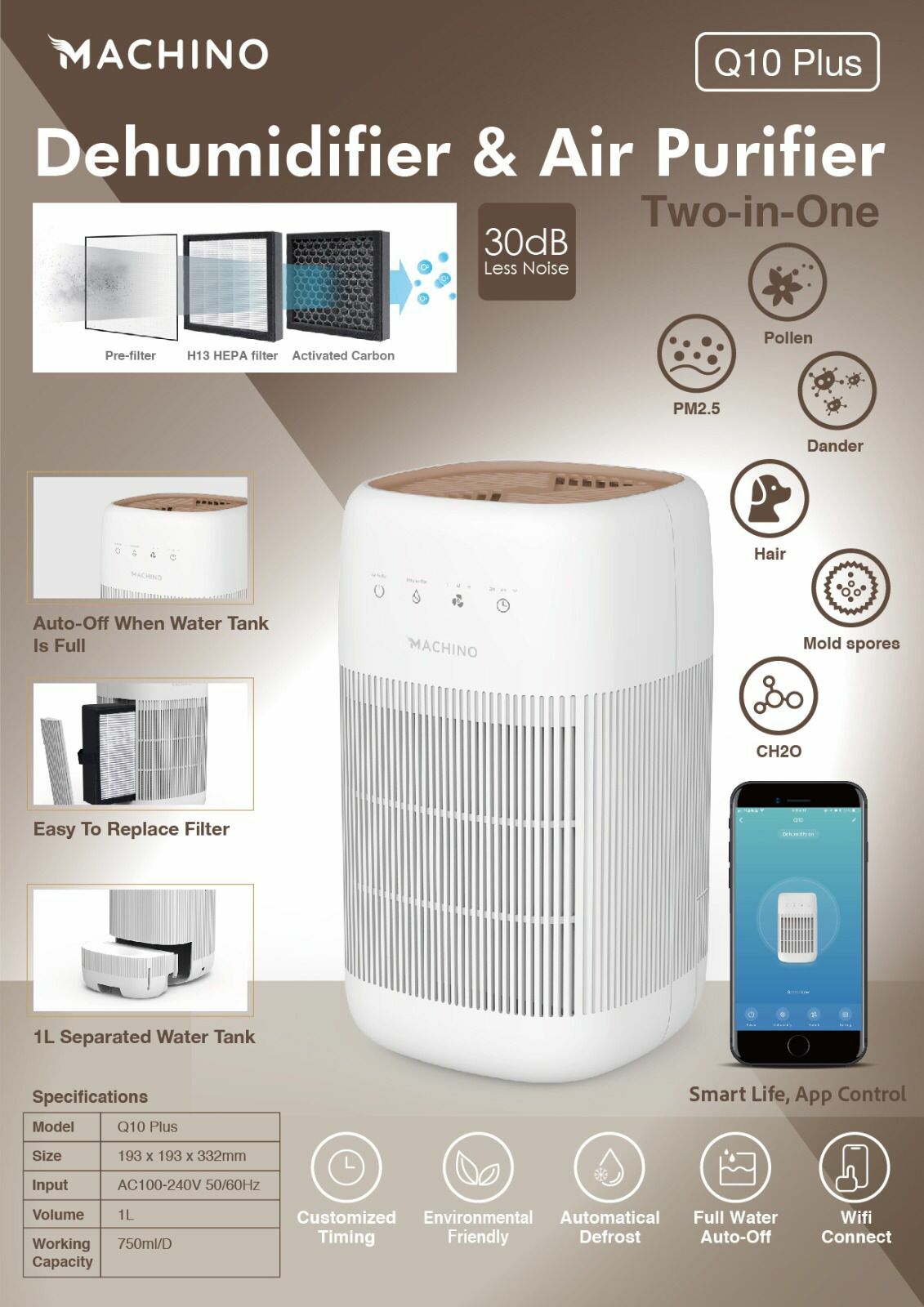 Machino Q10 Plus迷你2 合 1 智能空氣淨化抽濕機