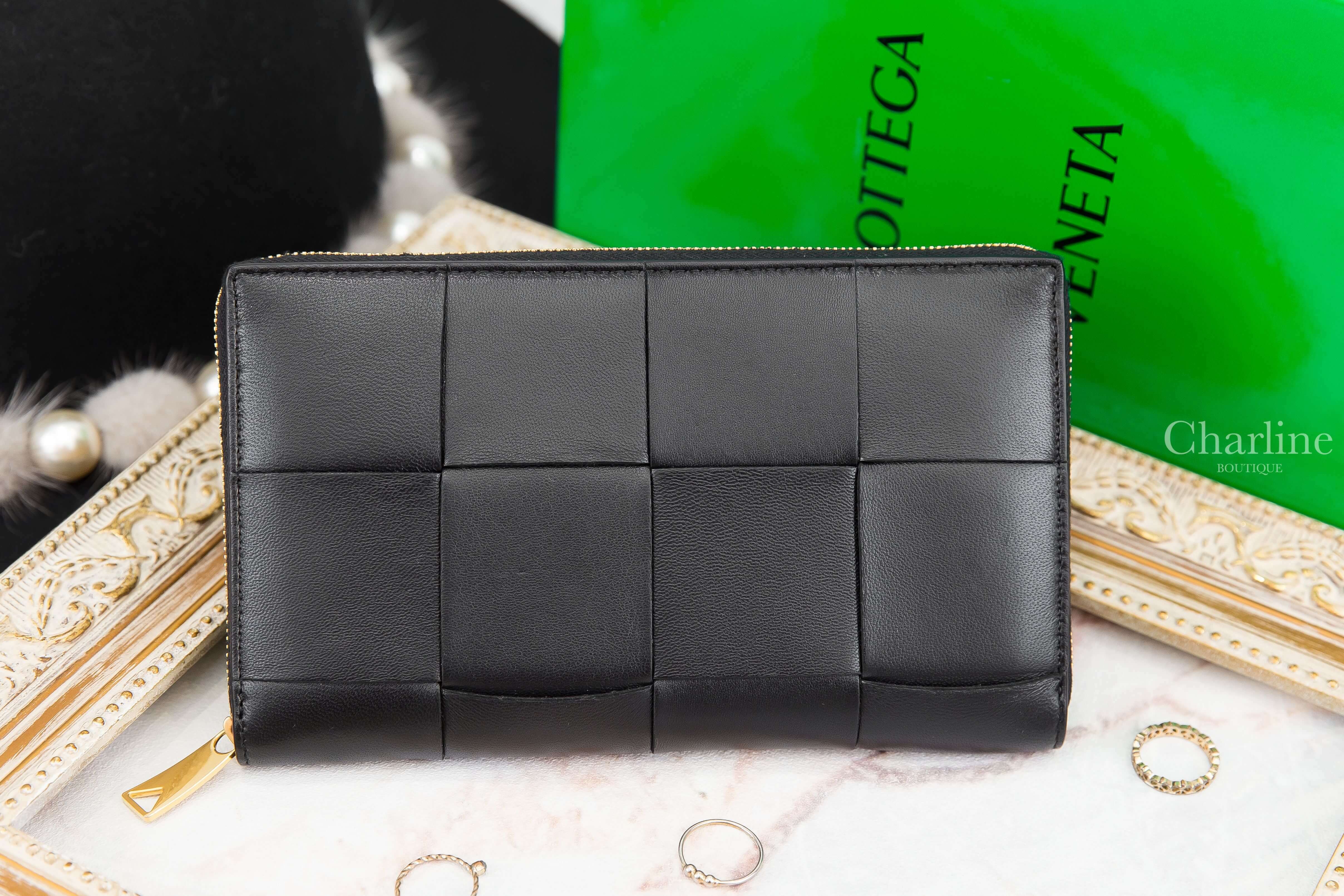 Bottega Veneta Zip Around Wallet 黑色大格子編織小羊皮混牛皮拉鍊長夾