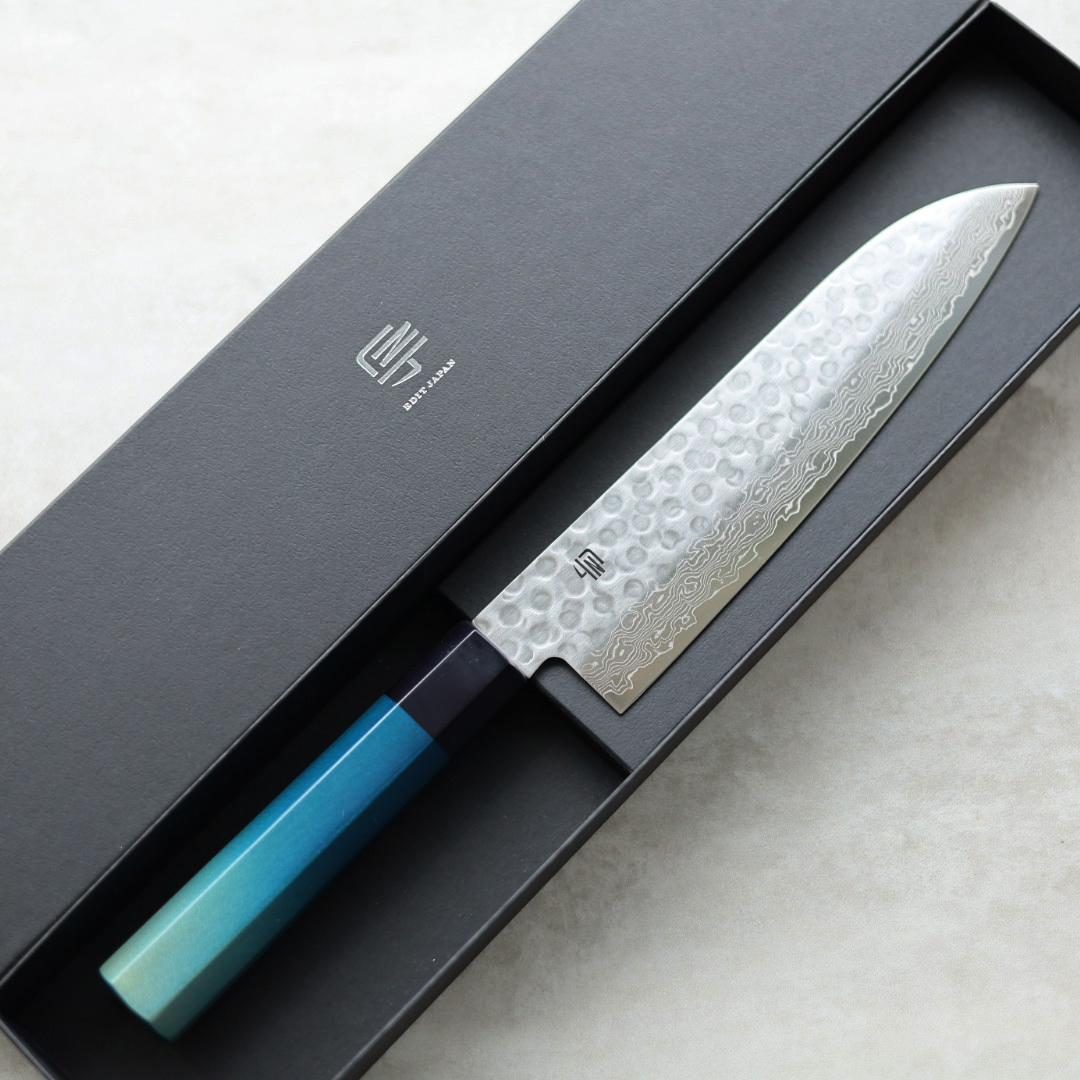 藍包丁 新三德刀 180mm VG10鋼 鎚目 大馬士革