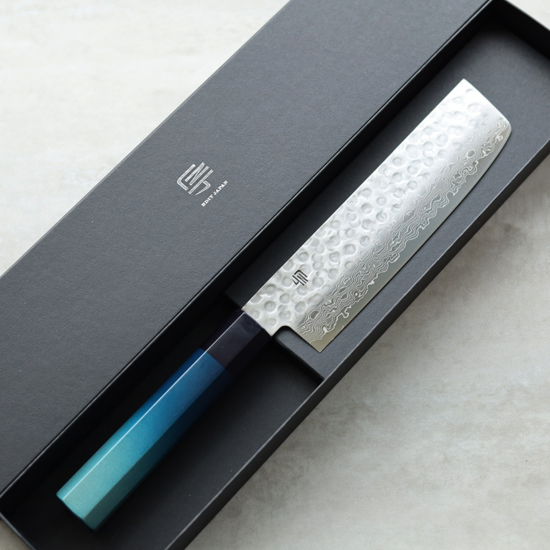 藍包丁 新薄刃 165mm VG10鋼 鎚目 大馬士革