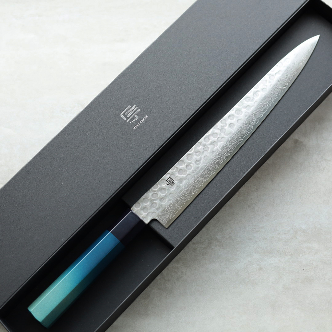 藍包丁 新筋引 240mm VG10鋼 鎚目 大馬士革